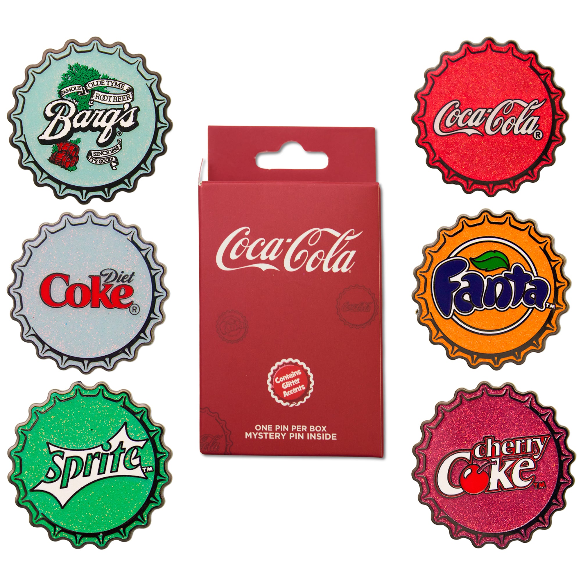 Coca-Cola Bottle Caps Mystery Enamel Pin Blind Box Series, Coca-Cola, Coca-Cola Cherry, Diet Coke, Sprite, Fanta Orange, or Barq's Root Beer Blind Box Pins Coca-Cola