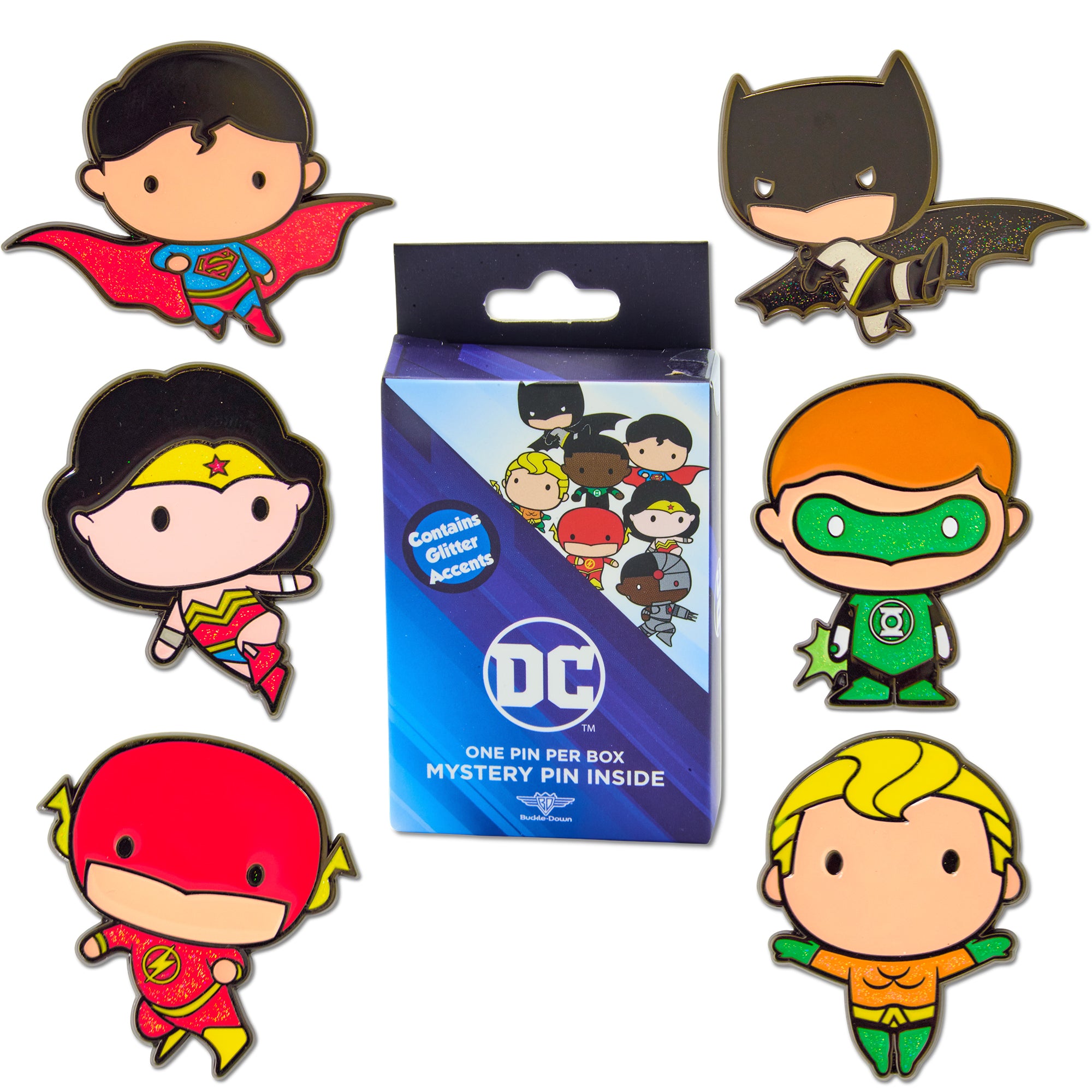 DC Comics Chibi Justice League Superheroes Mystery Enamel Pin Blind Box Series, Chibi Wonder Woman, Batman, Superman, Flash, Aquaman, or Green Lantern Blind Box Pins DC Comics