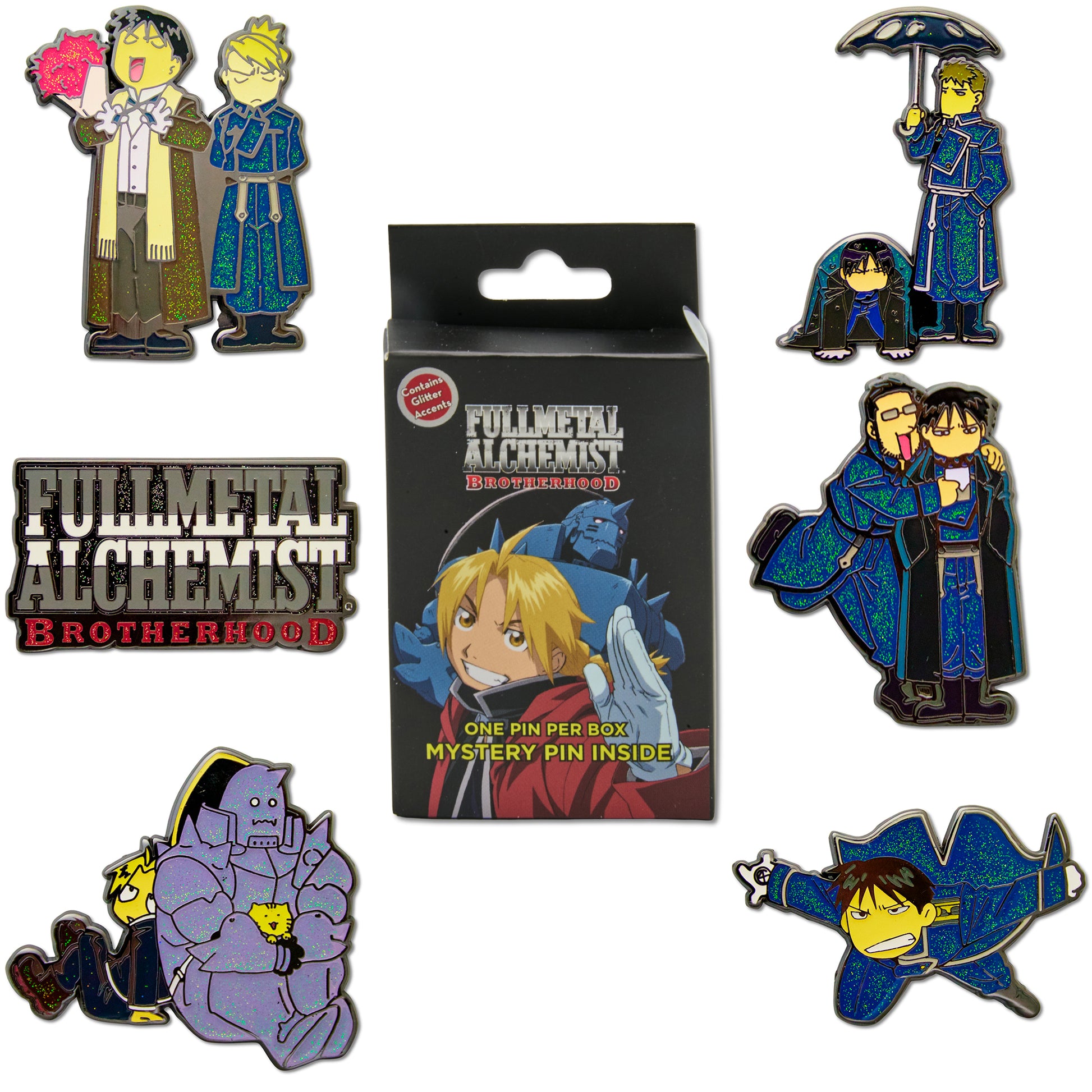 Fullmetal Alchemist Brotherhood Mystery Enamel Pin Blind Box Series, Edward Elric and Alphonse Elric, Roy Mustang, Roy Mustang and Jean Havoc, Gartner and Roy Mustang, Roy Mustang and Riza Hawkeye, or Title Logo Blind Box Pins Fullmetal Alchemist