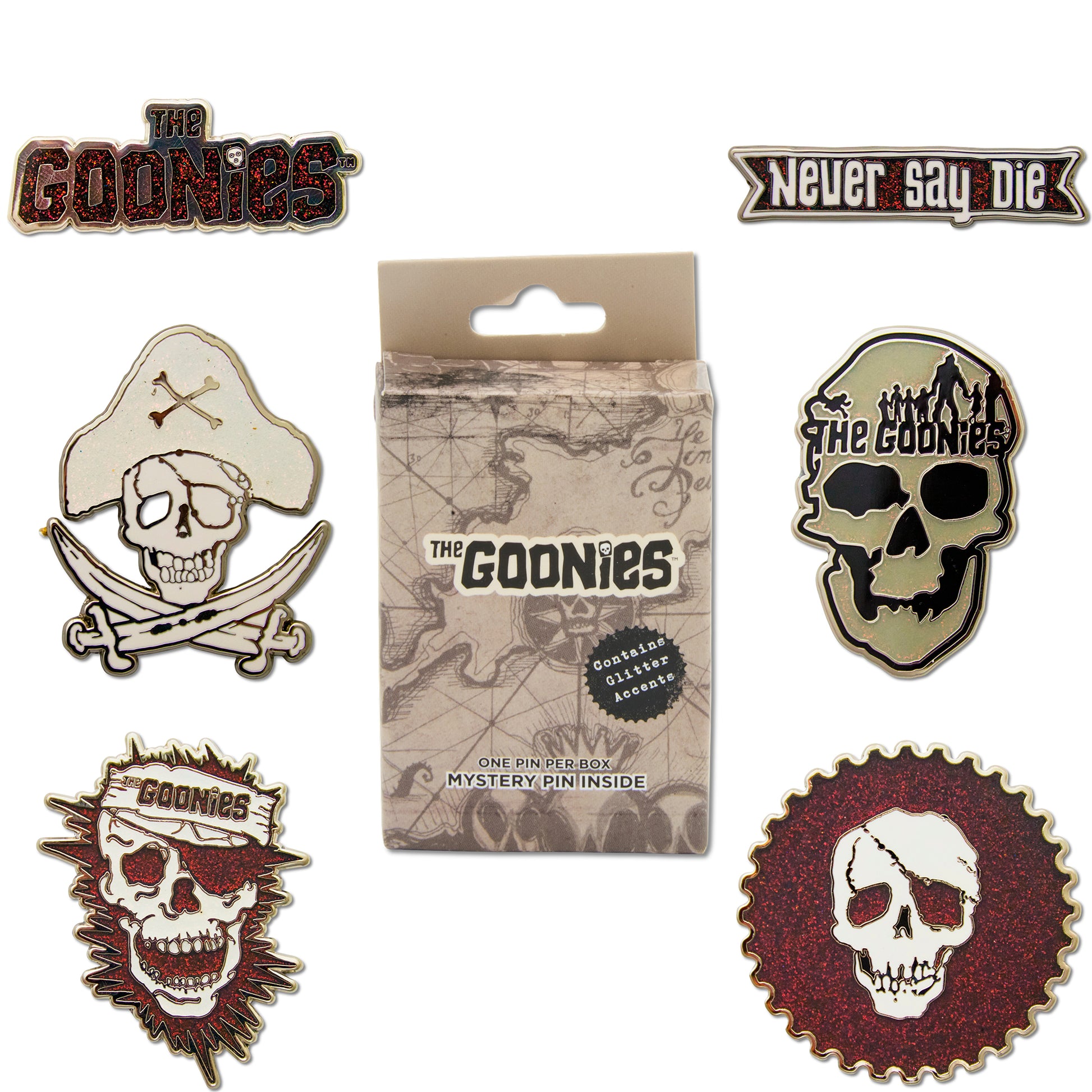 Goonies Mystery Enamel Pin Blind Box Series, The Goonies Title Logo, Never Say Die, One Eyed Willy Pirate, Skull Title Logo, One Eyed Willy Title Logo, or One Eyed Willy Badge Blind Box Pins The Goonies