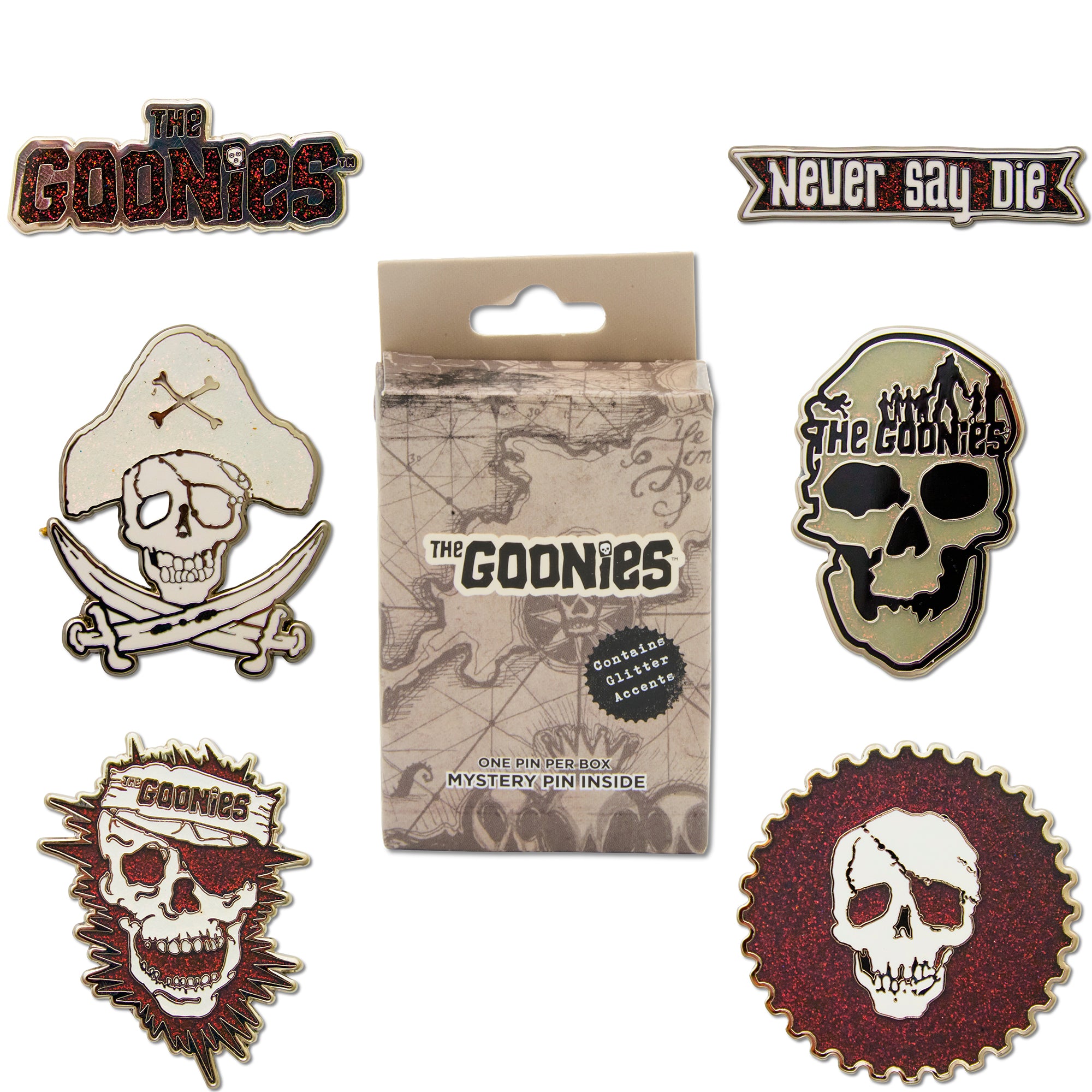 Goonies Mystery Enamel Pin Blind Box Series, The Goonies Title Logo, Never Say Die, One Eyed Willy Pirate, Skull Title Logo, One Eyed Willy Title Logo, or One Eyed Willy Badge Blind Box Pins The Goonies