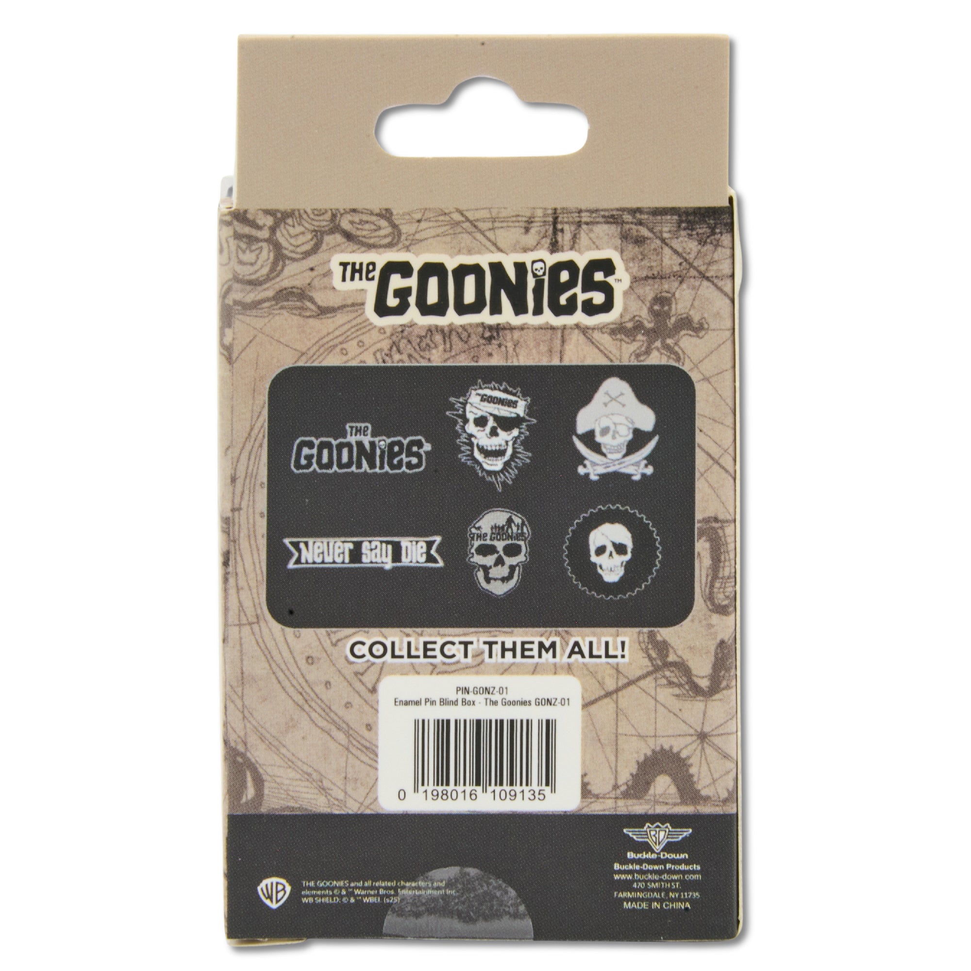 Goonies Mystery Enamel Pin Blind Box Series, The Goonies Title Logo, Never Say Die, One Eyed Willy Pirate, Skull Title Logo, One Eyed Willy Title Logo, or One Eyed Willy Badge Blind Box Pins The Goonies