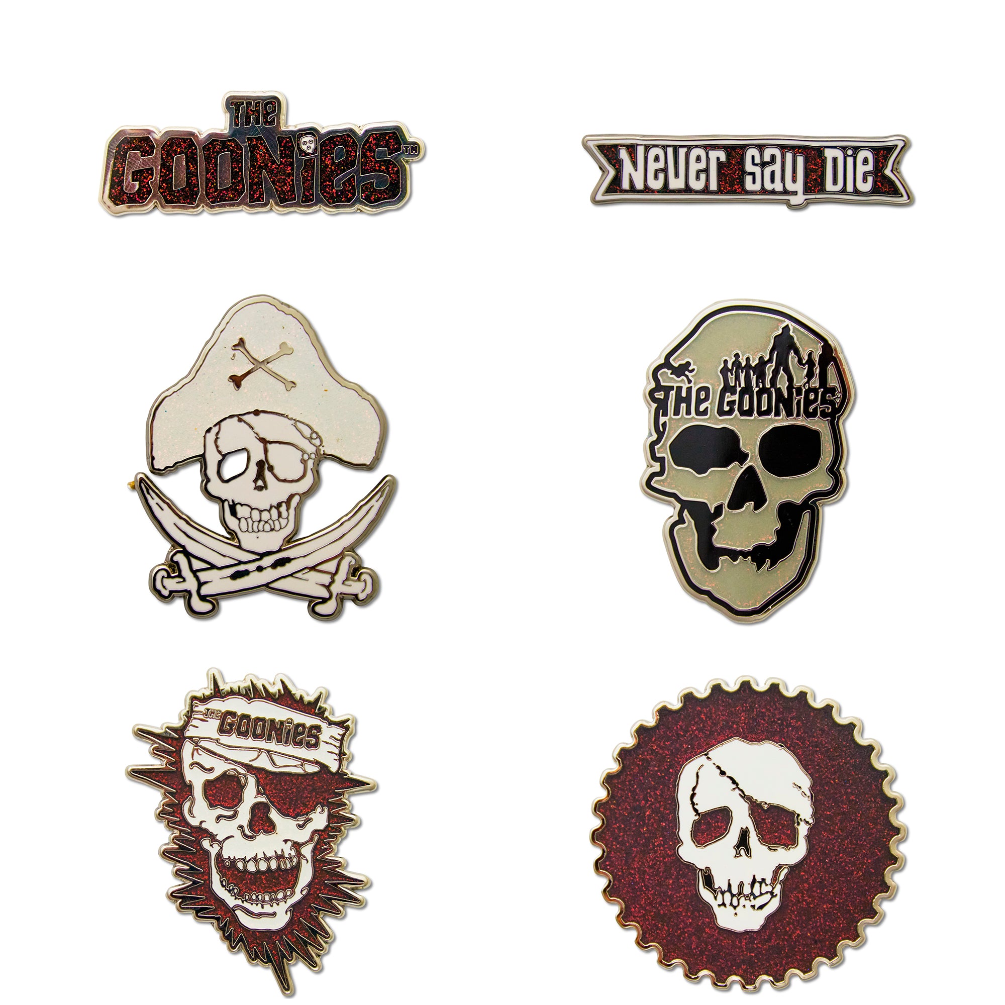 Goonies Mystery Enamel Pin Blind Box Series, The Goonies Title Logo, Never Say Die, One Eyed Willy Pirate, Skull Title Logo, One Eyed Willy Title Logo, or One Eyed Willy Badge Blind Box Pins The Goonies