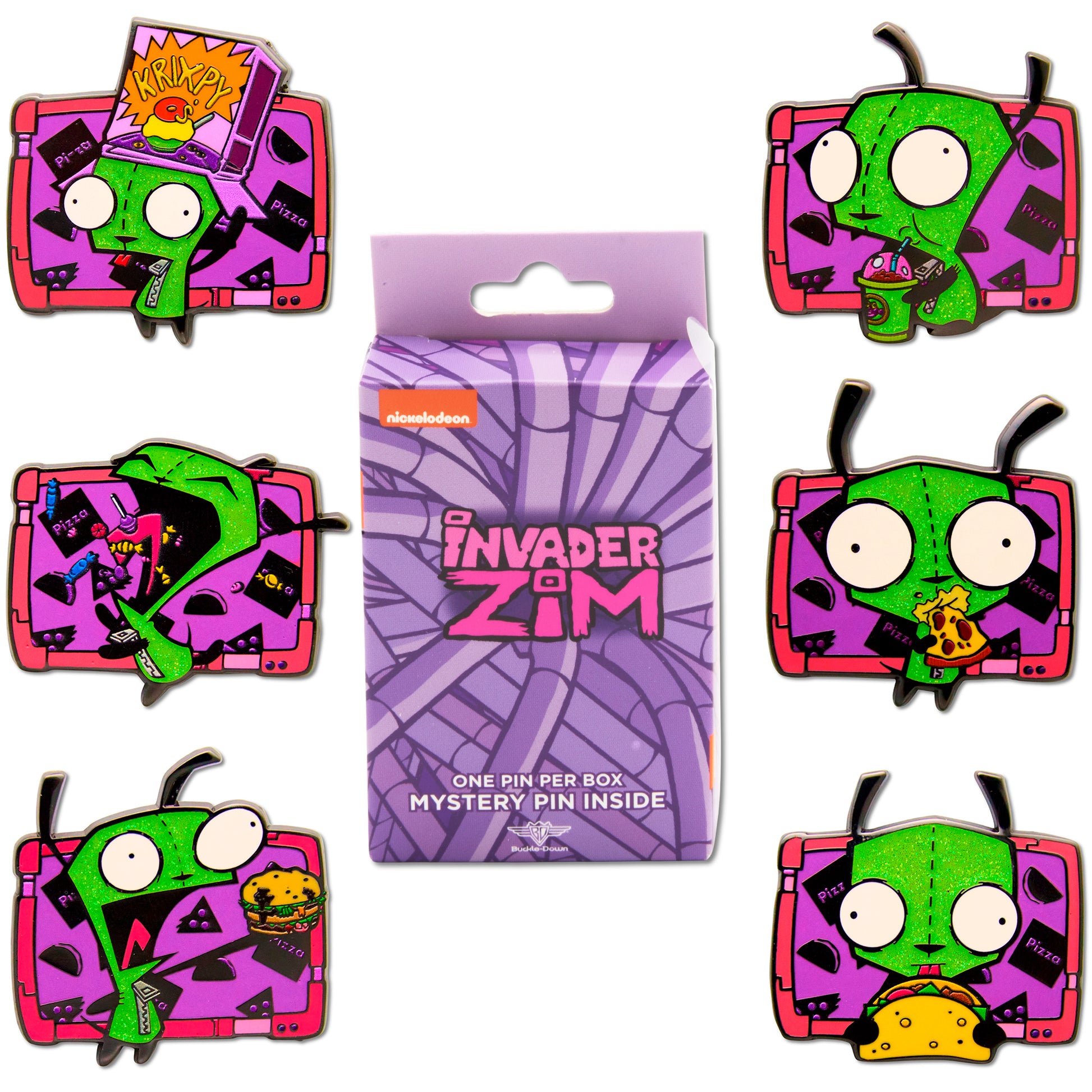 Invader Zim Mystery Enamel Pin Blind Box Series, Gir Krixpy Box, Hamburger, Slushie, Pizza, Taco or Snack Attack Blind Box Pins Invader Zim
