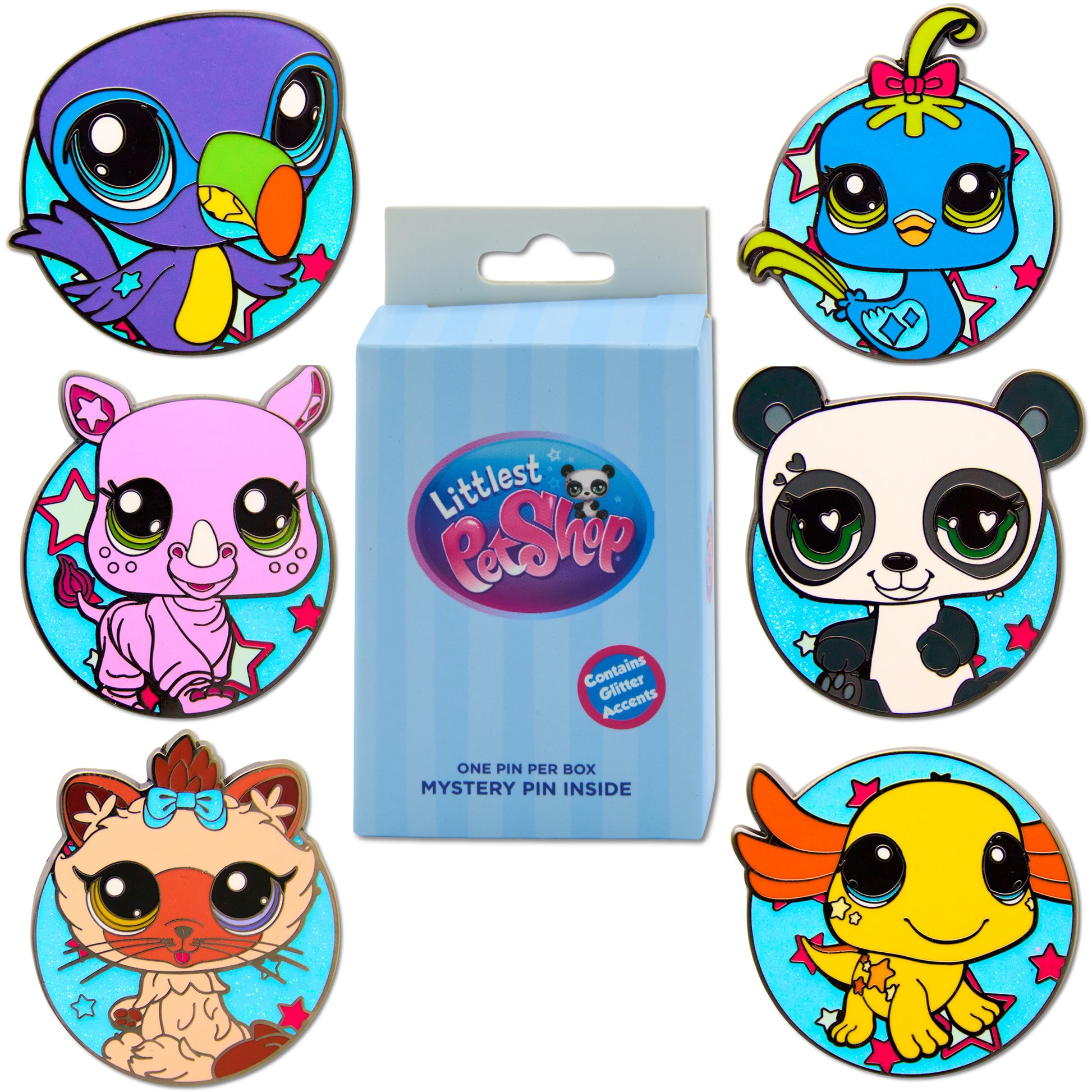 Littlest Pet Shop Mystery Enamel Pin Blind Box Series, Bird, Toucan, Panda, Axolotl, Kitten or Rhino Blind Box Pins Littlest Pet Shop