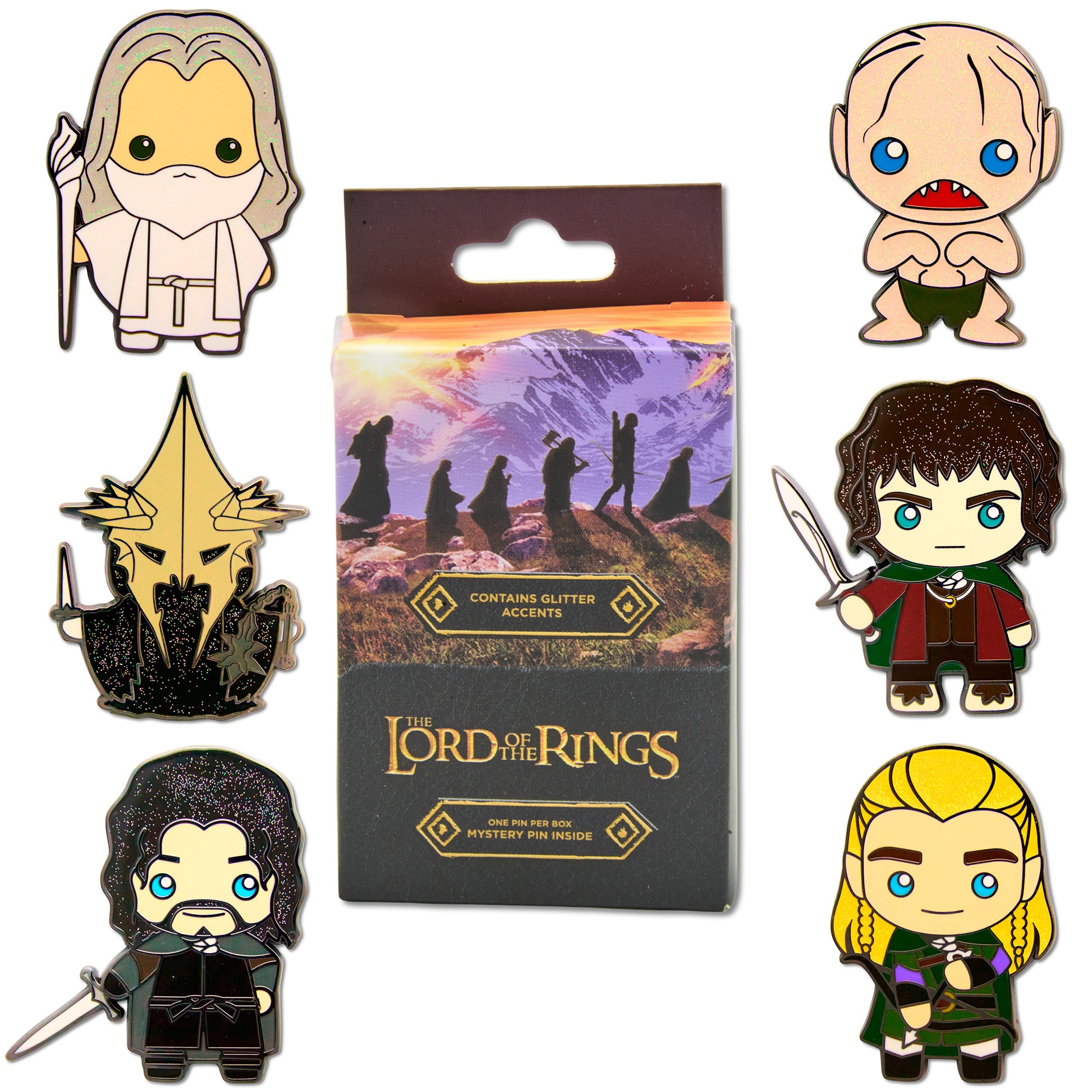 The Lord of the Rings Chibi Mystery Enamel Pin Blind Box Series, Aragorn, Frodo, Gandalf, Gollum, Legolas, or Nazgul Ringwraith Blind Box Pins The Lord of the Rings