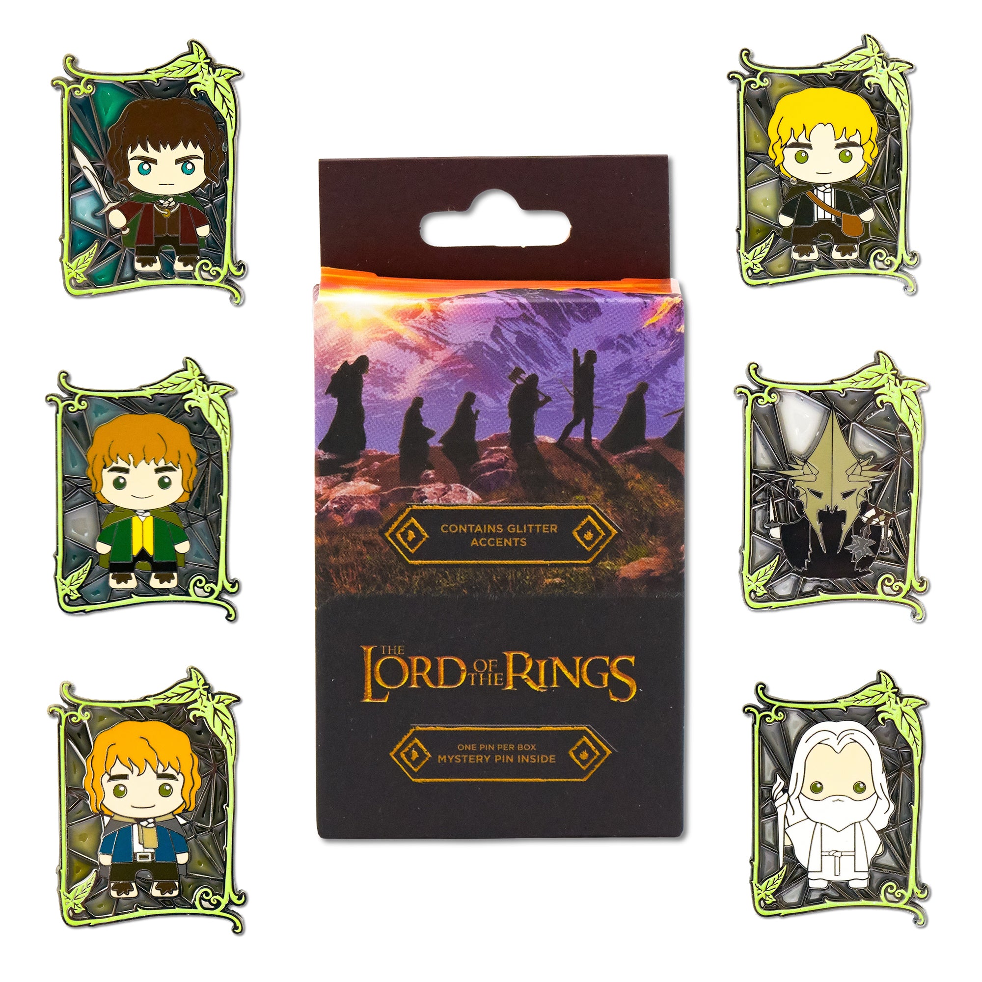 The Lord of the Rings Stained Glass Mystery Enamel Pin Blind Box Series, Pippin, Samwise, The Witch-King of Angmar, Gandalf, Merry or Frodo
