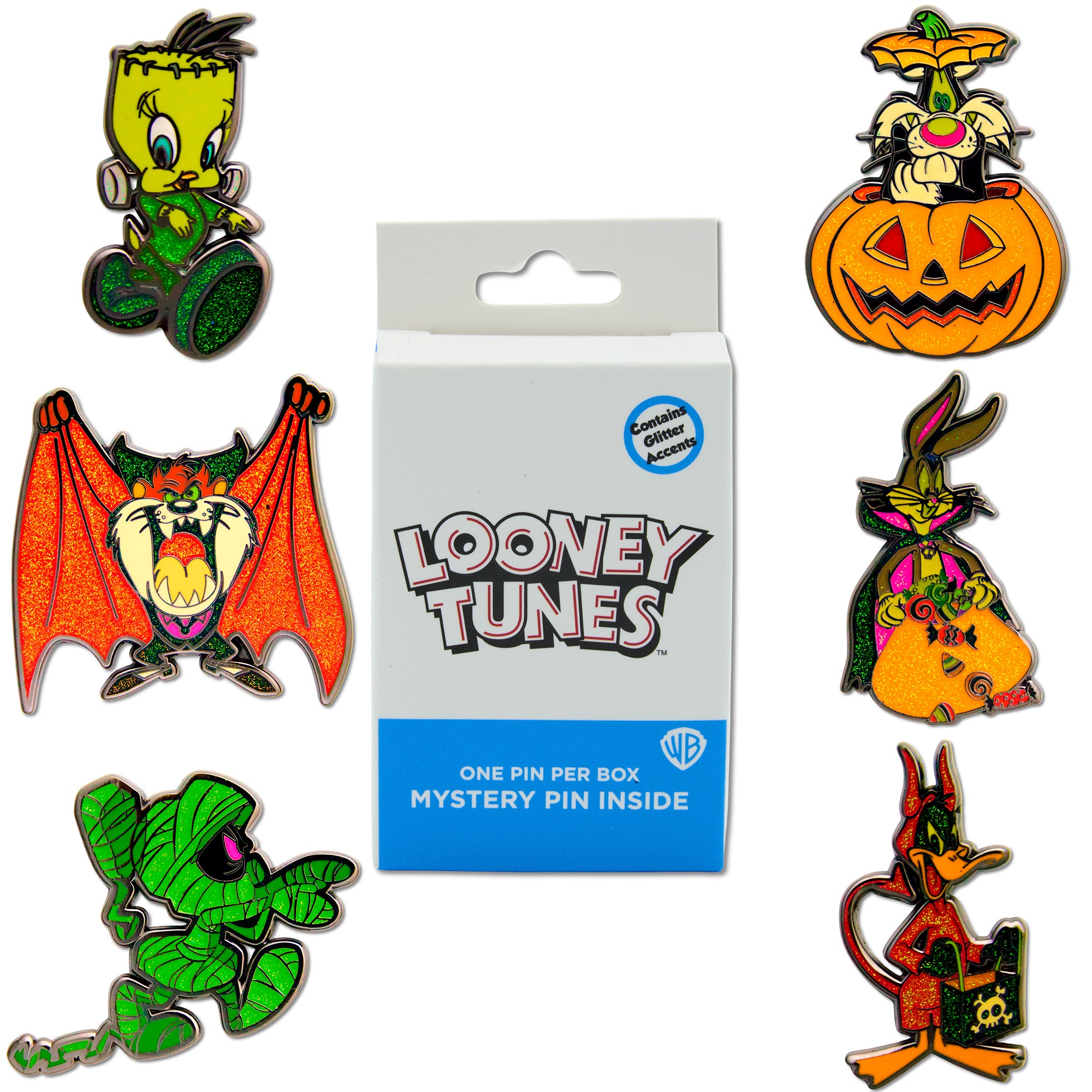 Looney Tunes Halloween Mystery Enamel Pin Blind Box Series, Marvin the Martian, Daffy Duck, Sylvester the Cat, Taz Tasmanian Devil, Tweety Bird, or Bugs Bunny Blind Box Pins Looney Tunes