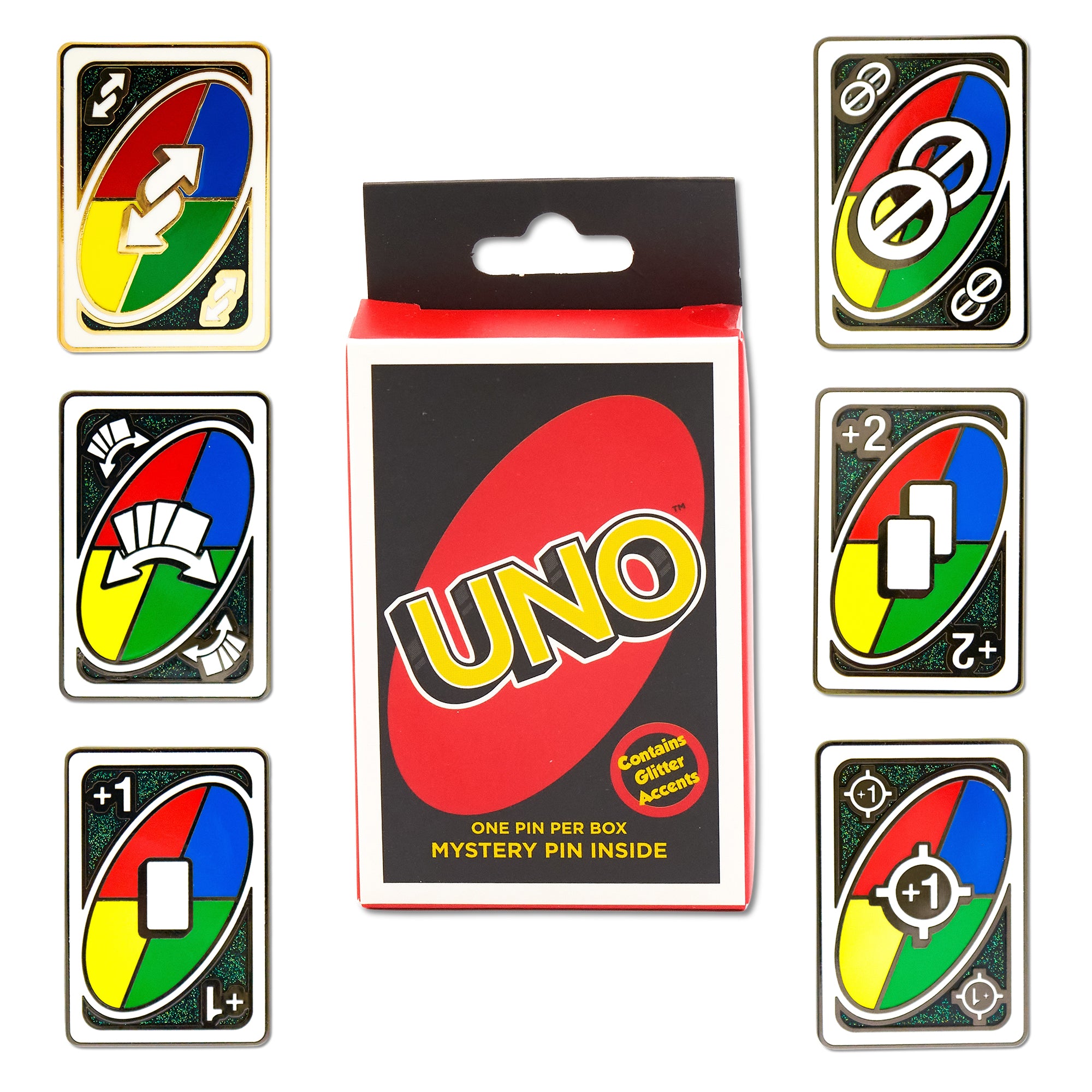 UNO Wild Action Cards Mystery Enamel Pin Blind Box Series, Draw One, Skip Two, Draw Two, Targeted Draw One, Forced Swap, or Reverse