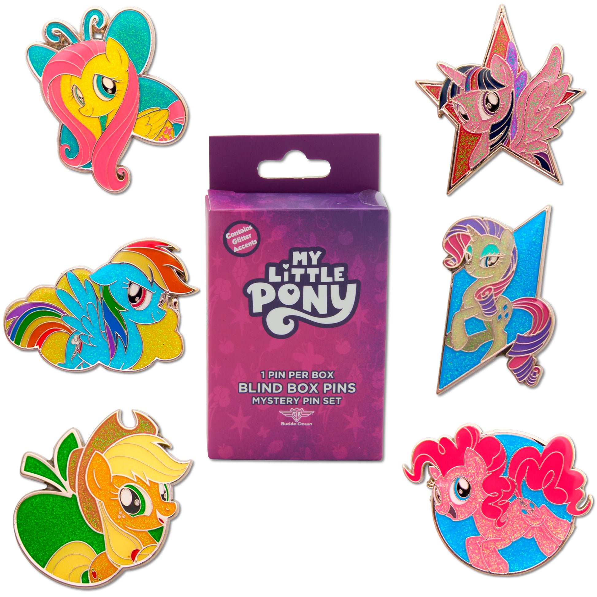 My Little Pony Mystery Enamel Pin Blind Box Series, Applejack, Fluttershy, Pinkie Pie, Rainbow Dash, Rarity, Twilight Sparkle Blind Box Pins My Little Pony