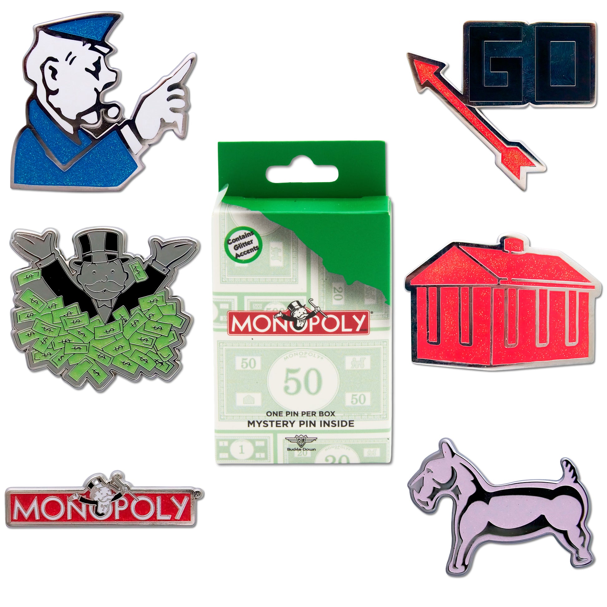 Monopoly Mystery Enamel Pin Blind Box Series, Go Space, Mr Monopoly, Policeman, Red House, Dog Token, or Title Logo Blind Box Pins Monopoly