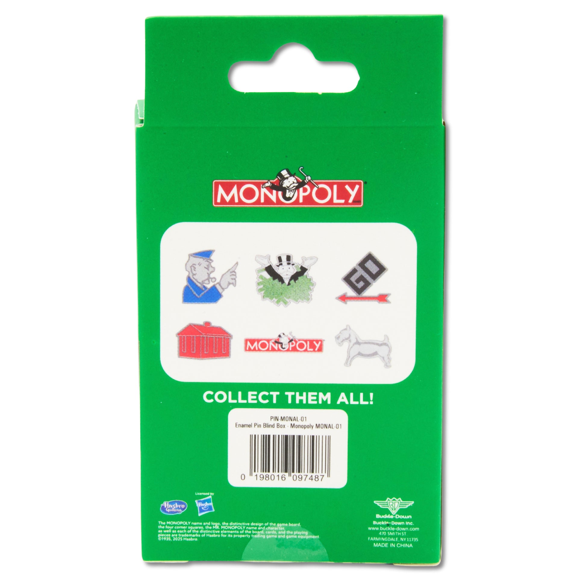 Monopoly Mystery Enamel Pin Blind Box Series, Go Space, Mr Monopoly, Policeman, Red House, Dog Token, or Title Logo Blind Box Pins Monopoly