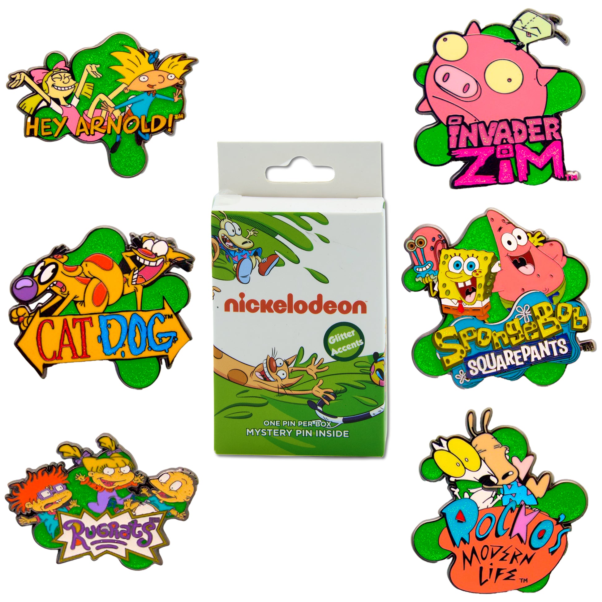 Nickelodeon Show Title Logos Mystery Enamel Pin Blind Box Series, SpongeBob SquarePants, Rugrats, CatDog, Invader Zim, Hey Arnold, or Rockos Modern Life Blind Box Pins Nickelodeon