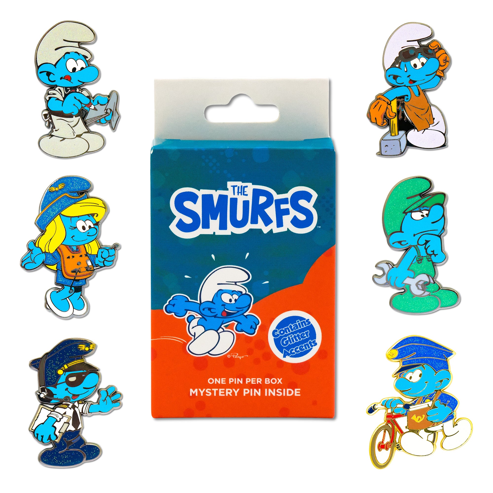 The Smurfs Working Mystery Enamel Pin Blind Box Series, Pilot, Blacksmith, Mechanic, Postman, Waiter, or Hostess