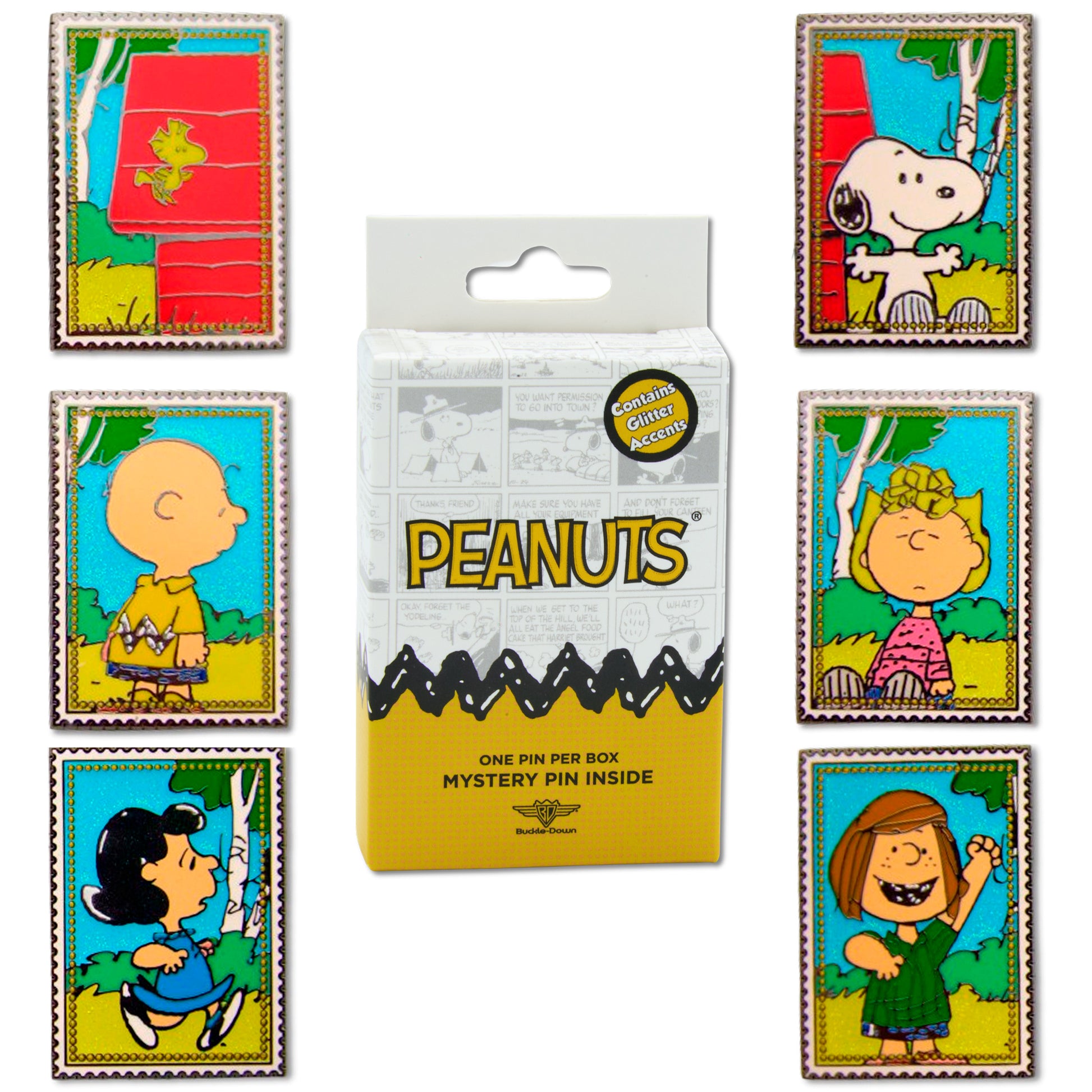 Peanuts Post Stamp Mystery Enamel Pin Blind Box Series, Charlie Brown, Lucy, Peppermint Patty, Sally, Snoopy or Woodstock Blind Box Pins Peanuts