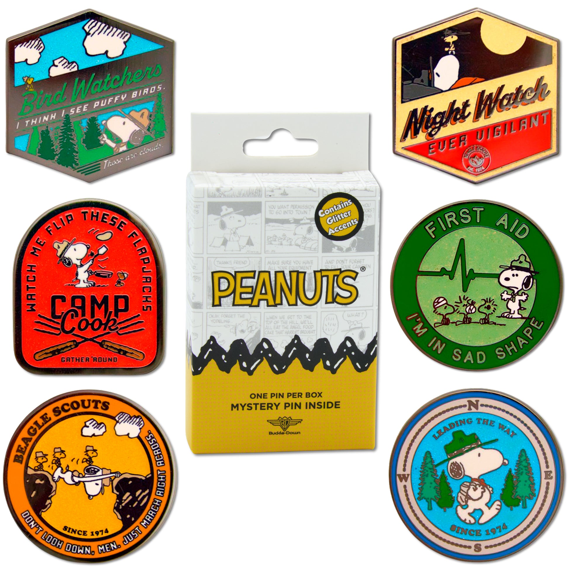 Peanuts Beagle Scouts Badge Mystery Enamel Pin Blind Box Series, Bird Watchers, Camp Cook, First Aid, Night Watch, Leading the Way, or Beagle Scouts March Blind Box Pins Peanuts