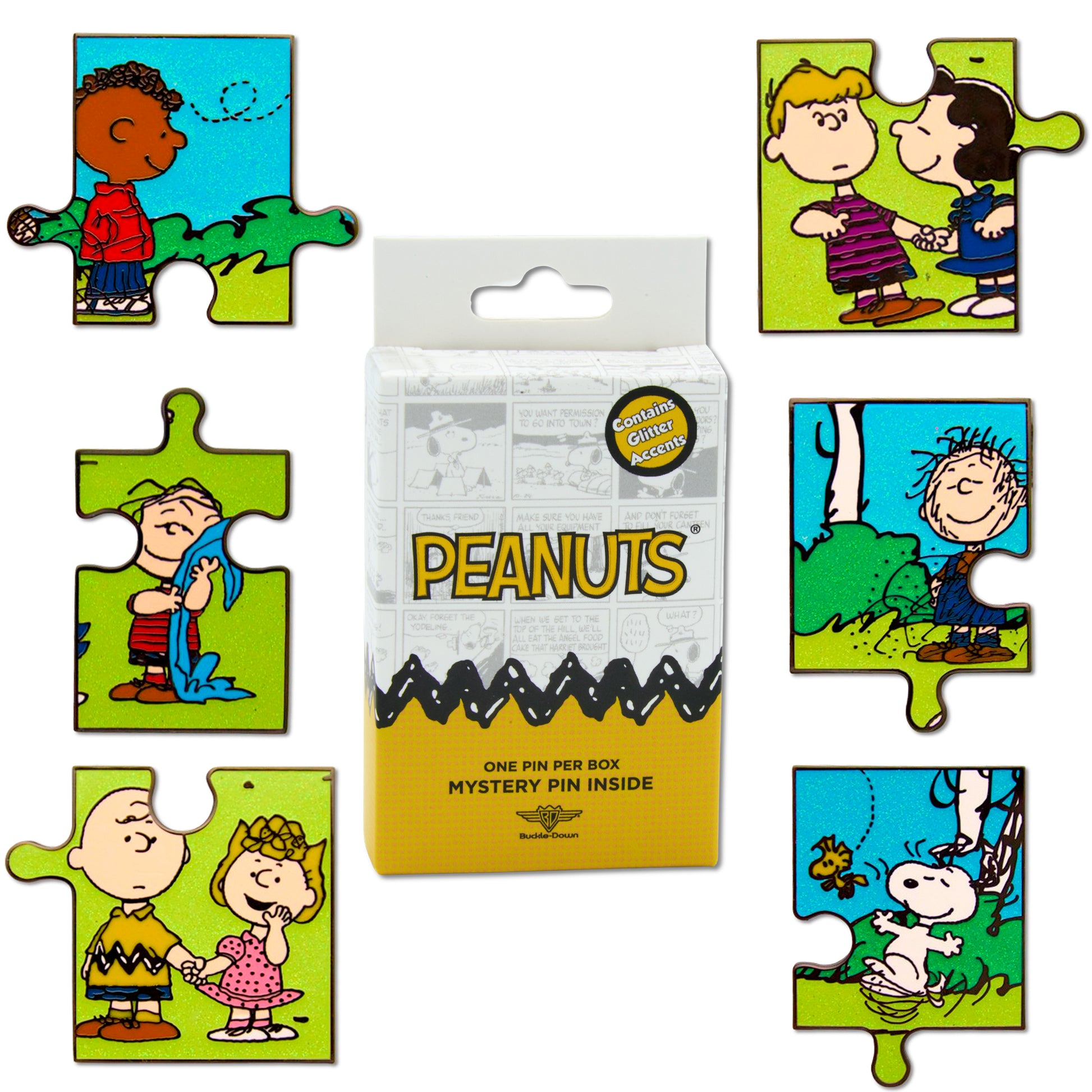 Peanuts Puzzle Mystery Enamel Pin Bling Box Series, Pig Pen, Franklin, Snoppy and Woodstock, Lucy and Schroeder, Linus, or Charlie and Sally Blind Box Pins Peanuts