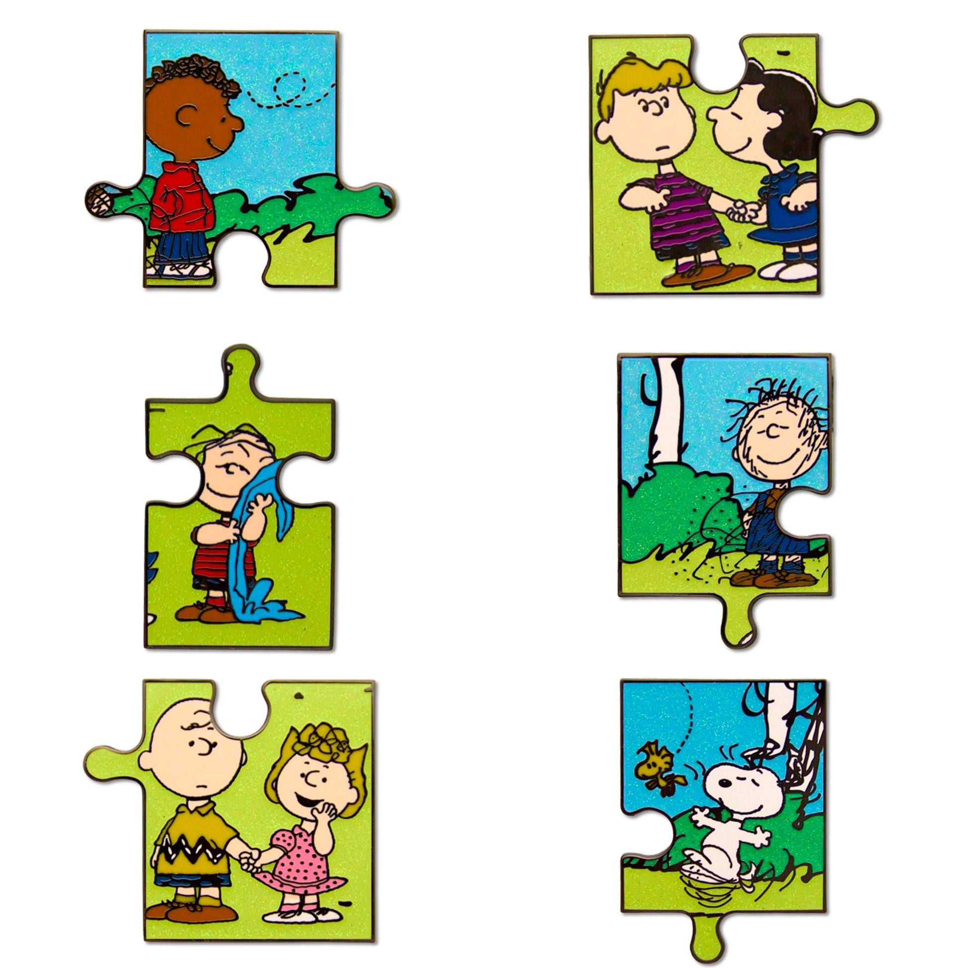 Peanuts Puzzle Mystery Enamel Pin Bling Box Series, Pig Pen, Franklin, Snoppy and Woodstock, Lucy and Schroeder, Linus, or Charlie and Sally Blind Box Pins Peanuts
