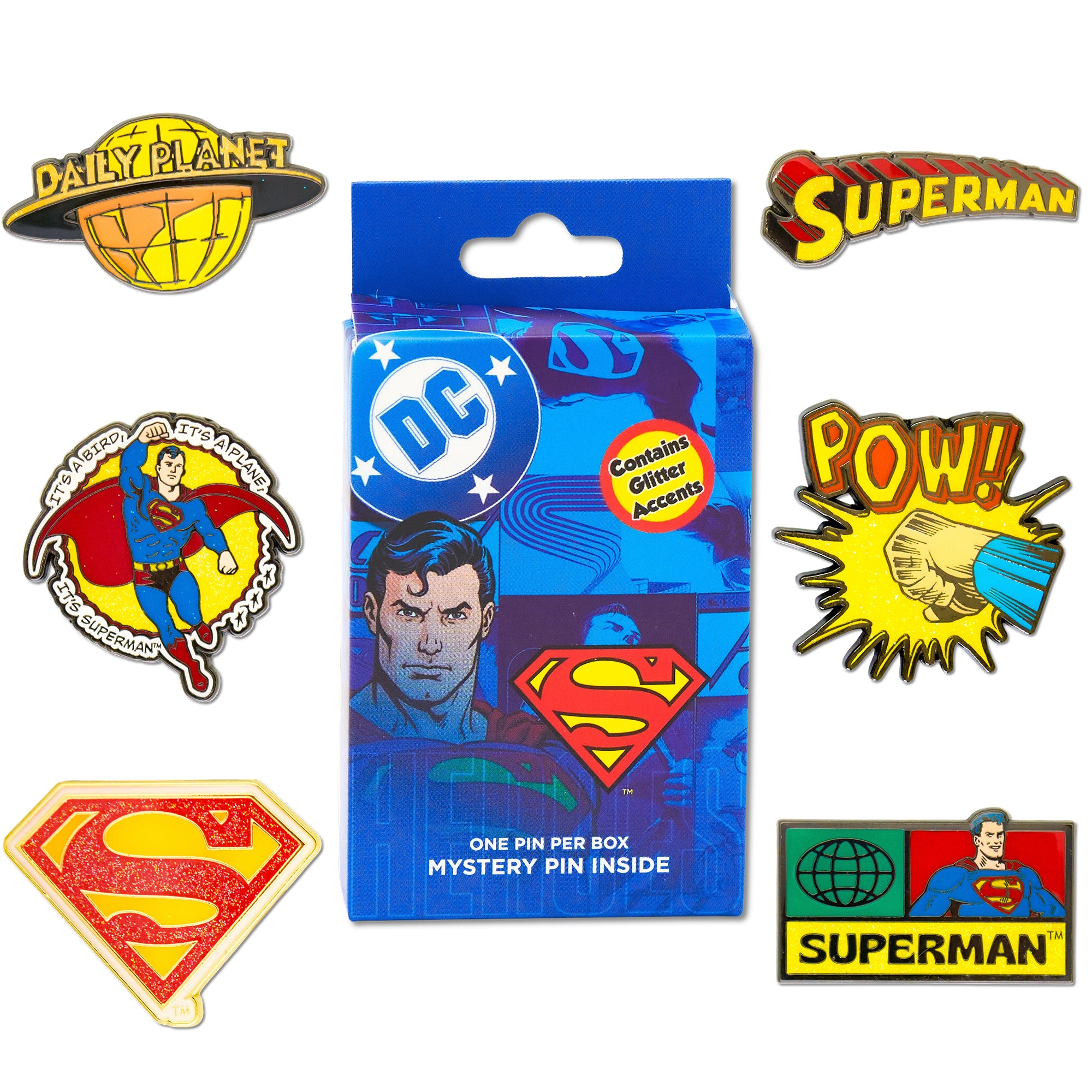 DC Comics Superman Mystery Enamel Pin Blind Box Series, Daily Planet, Superman Logo, Superman Shield, POW!, Comic Book Cover, or Superman Flying