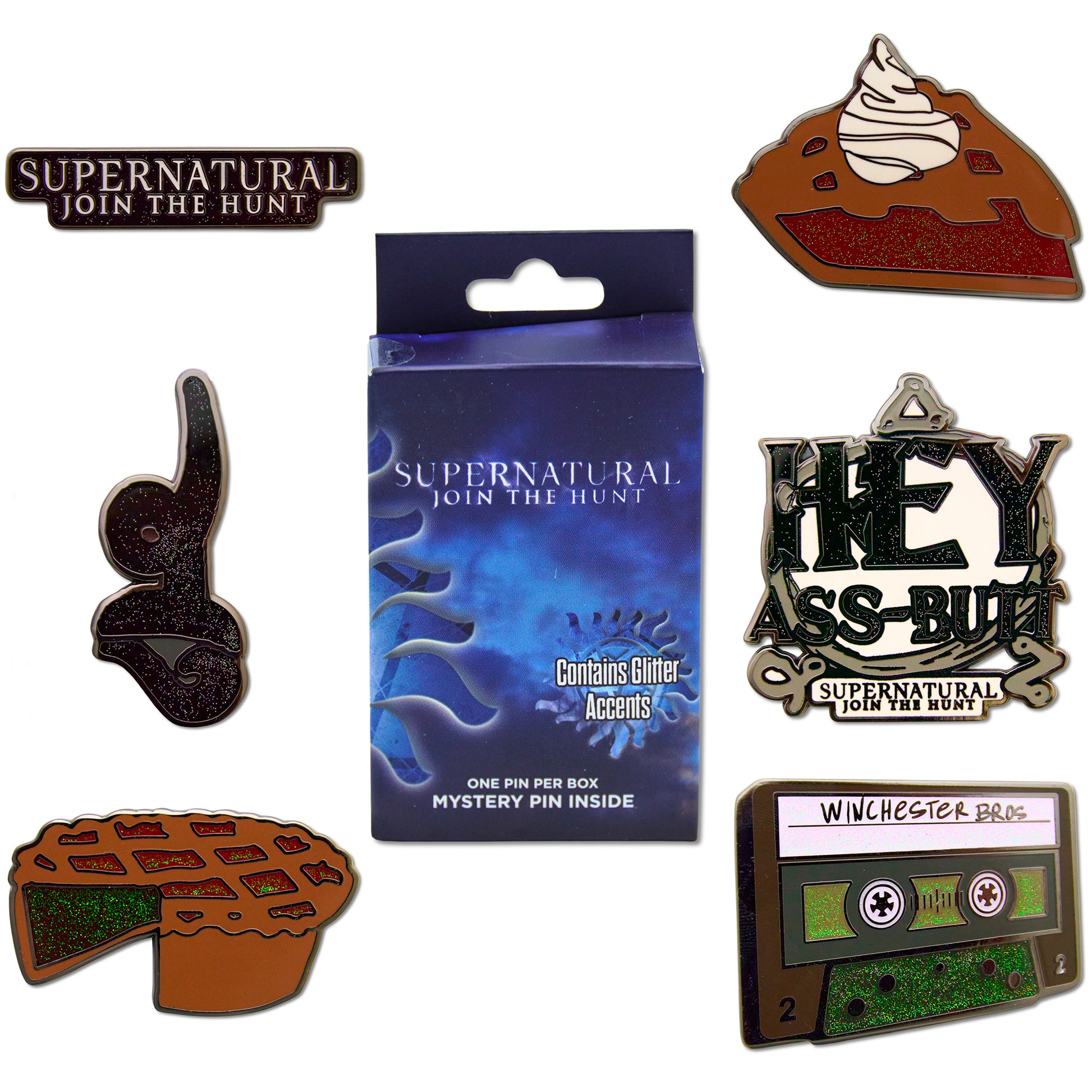 Supernatural Mystery Enamel Pin Blind Box Series, Join the Hunt Logo, Hey Ass-Butt, Cherry Pie, Cherry Pie Slice, Tulpa Tibetan Spirit Sigil, or Winchester Bros Mix Tape Blind Box Pins Supernatural