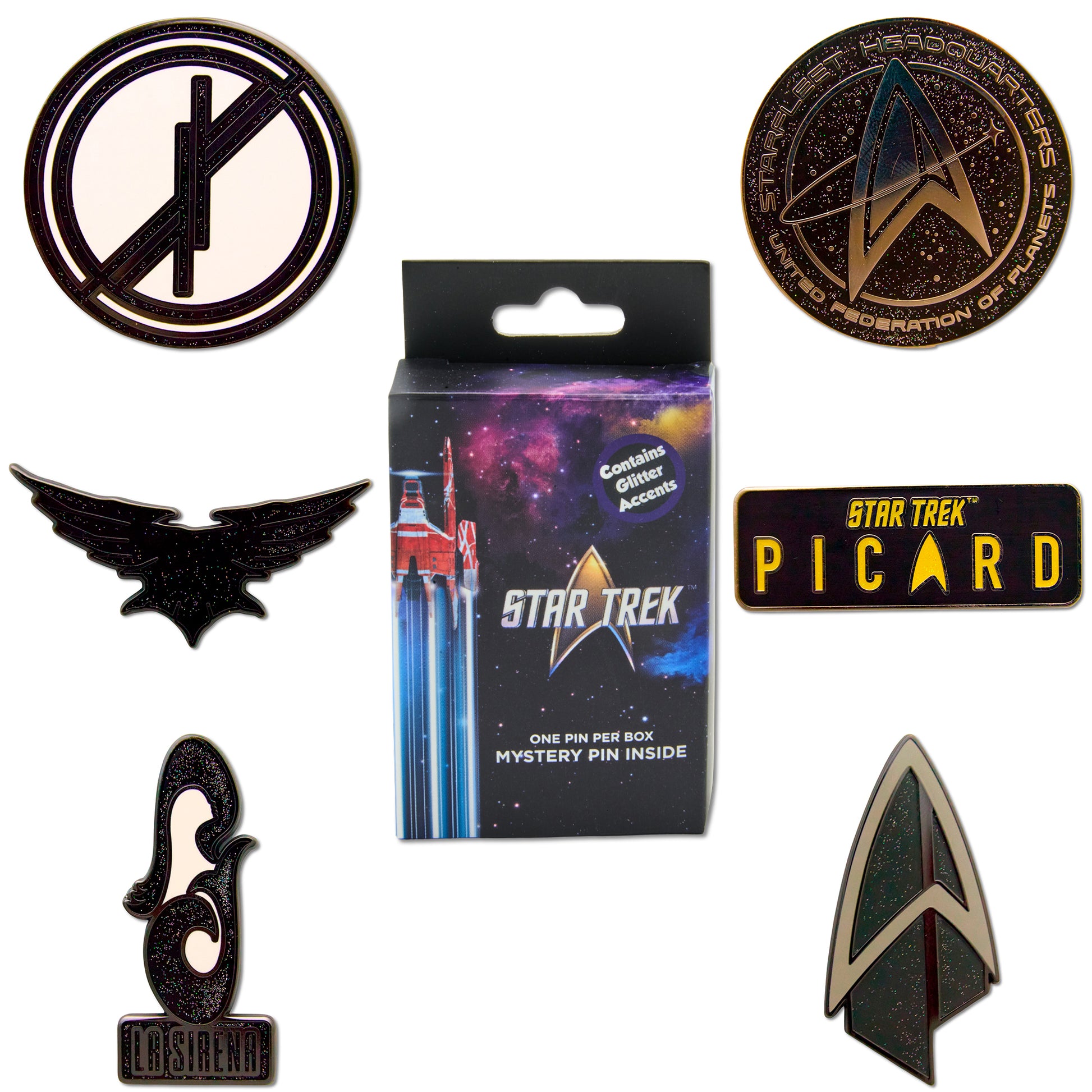 Star Trek Mystery Enamel Pin Blind Box Series, Starfleet Headquarters, Picard Title Logo, La Sirena Insignia, The Raptor's Wings Insignia, Starfleet Insignia, or The Fenris Rangers Insignia Blind Box Pins Star Trek