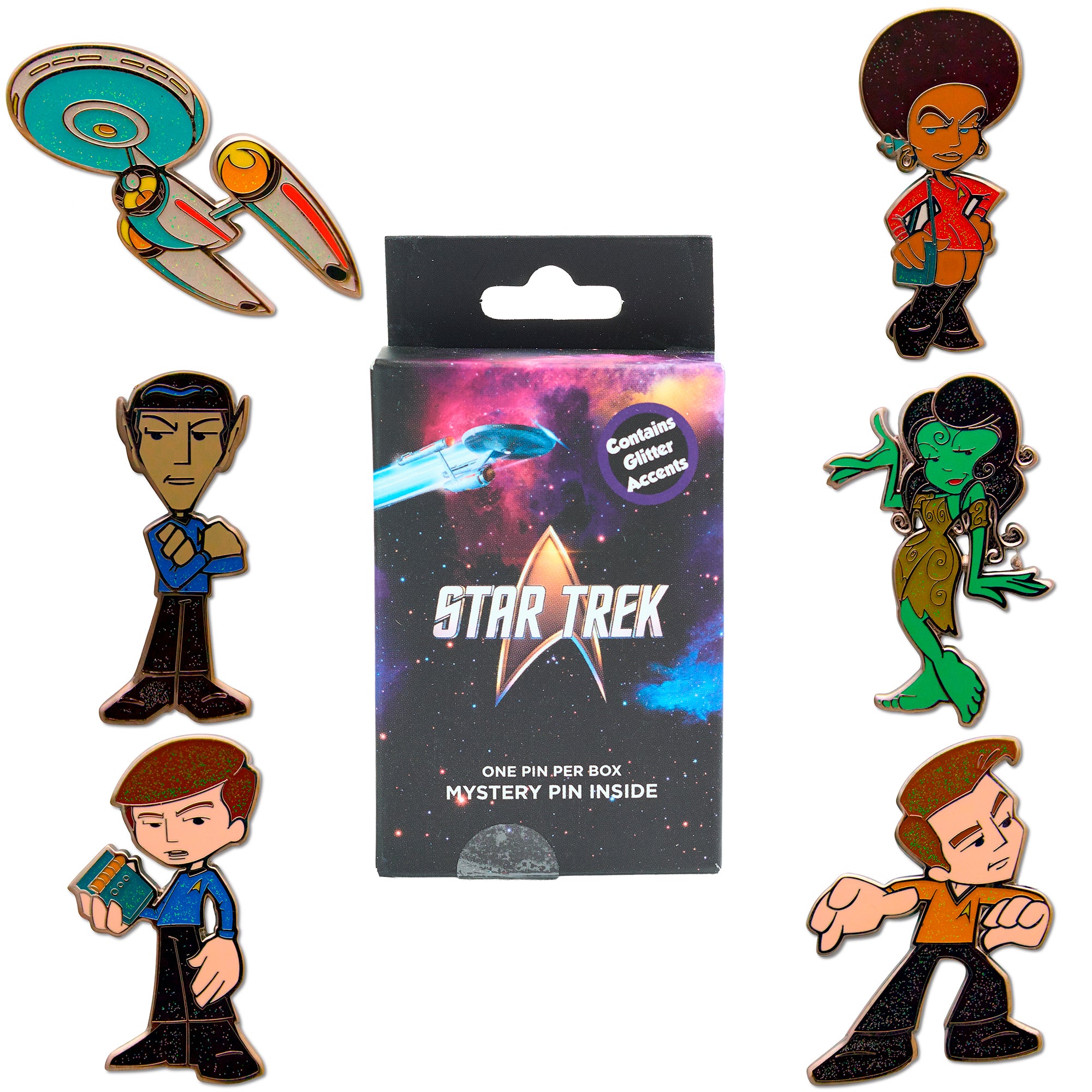 Star Trek Chibi Mystery Enamel Pin Blind Box Series, Starship Enterprise, Captain Kirk, Dr McCoy, Spock, Orion Slave Girl, or Uhura