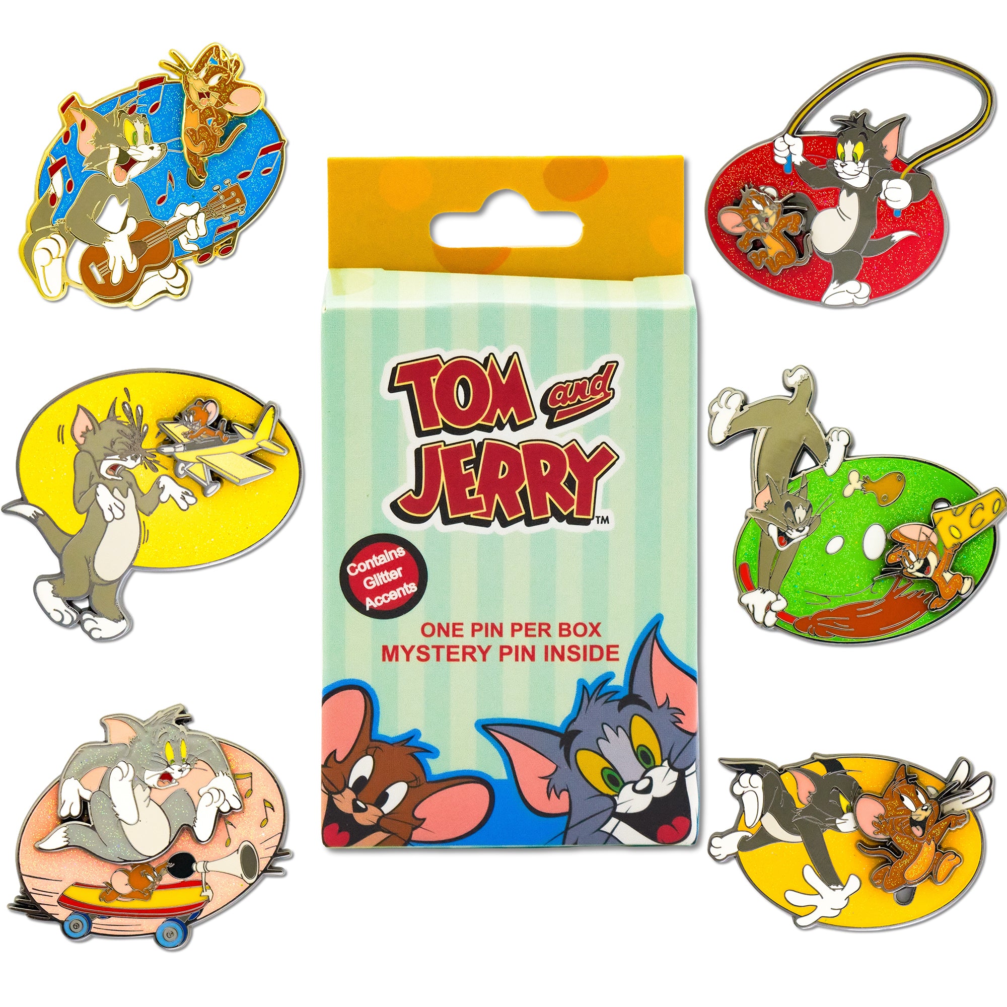 Tom and Jerry Interactive Mystery Enamel Pin Blind Box Series, Music, Jump Rope, Airplane, Cheese, Skateboard, or Chasing