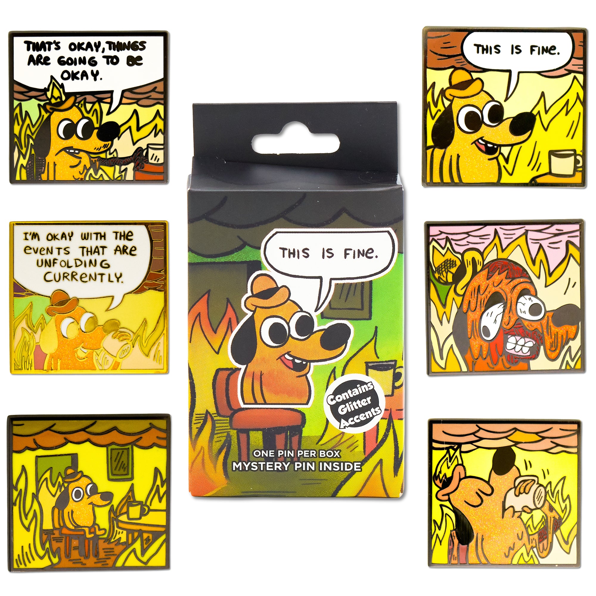 This is Fine Mystery Enamel Pin Blind Box Series, This is Fine, That's Okay, I'm Okay, Melting, Sitting, or Drinking Coffee