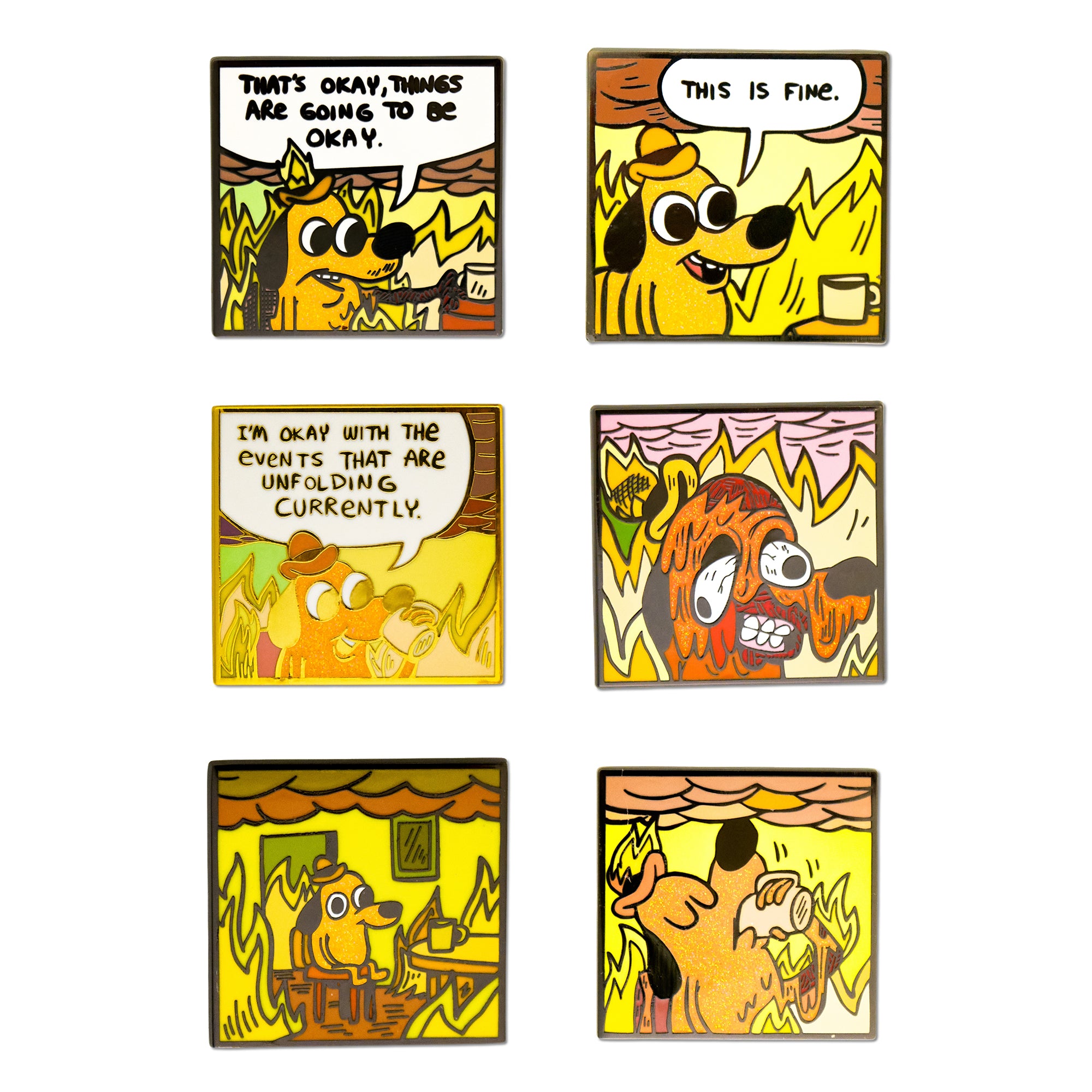 This is Fine Mystery Enamel Pin Blind Box Series, This is Fine, That's Okay, I'm Okay, Melting, Sitting, or Drinking Coffee