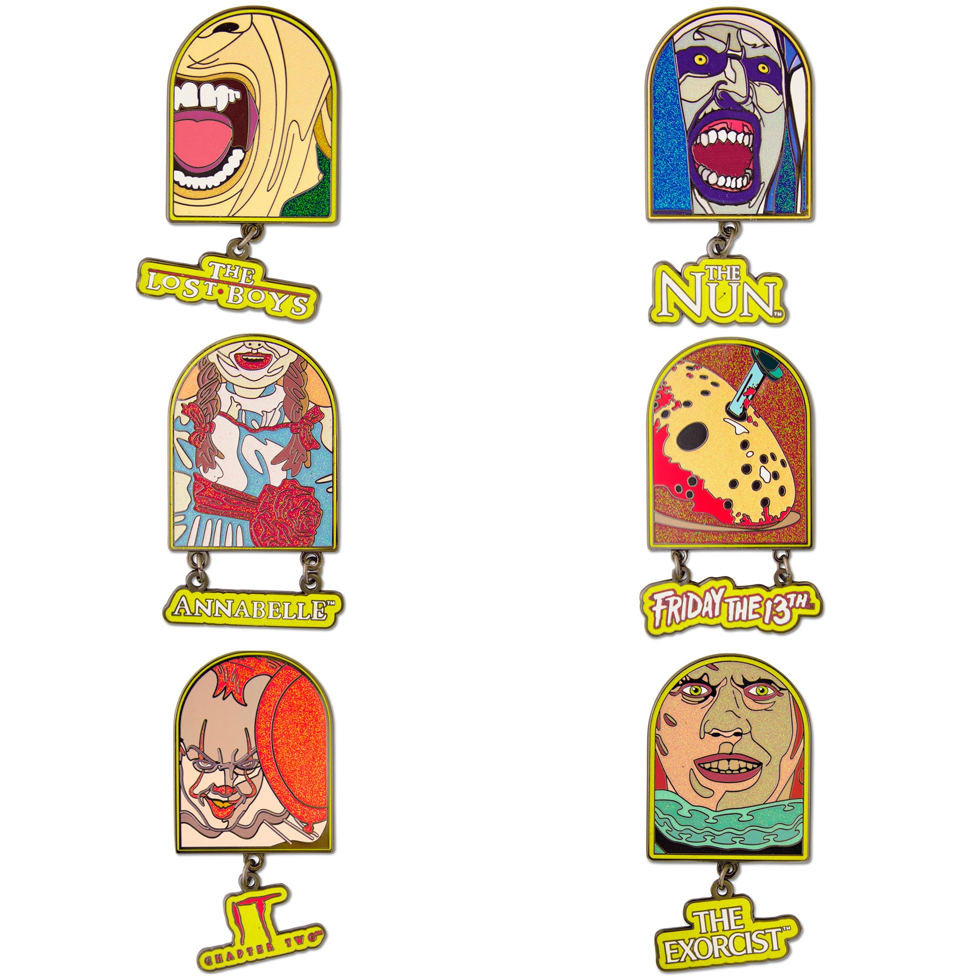 Warner Horror Movie Title Logos Mystery Enamel Pin Blind Box Series, IT Chapter Two, Friday the 13th, The Lost Boys, The Nun, The Exorcist, or Annabelle Blind Box Pins Friday the 13th