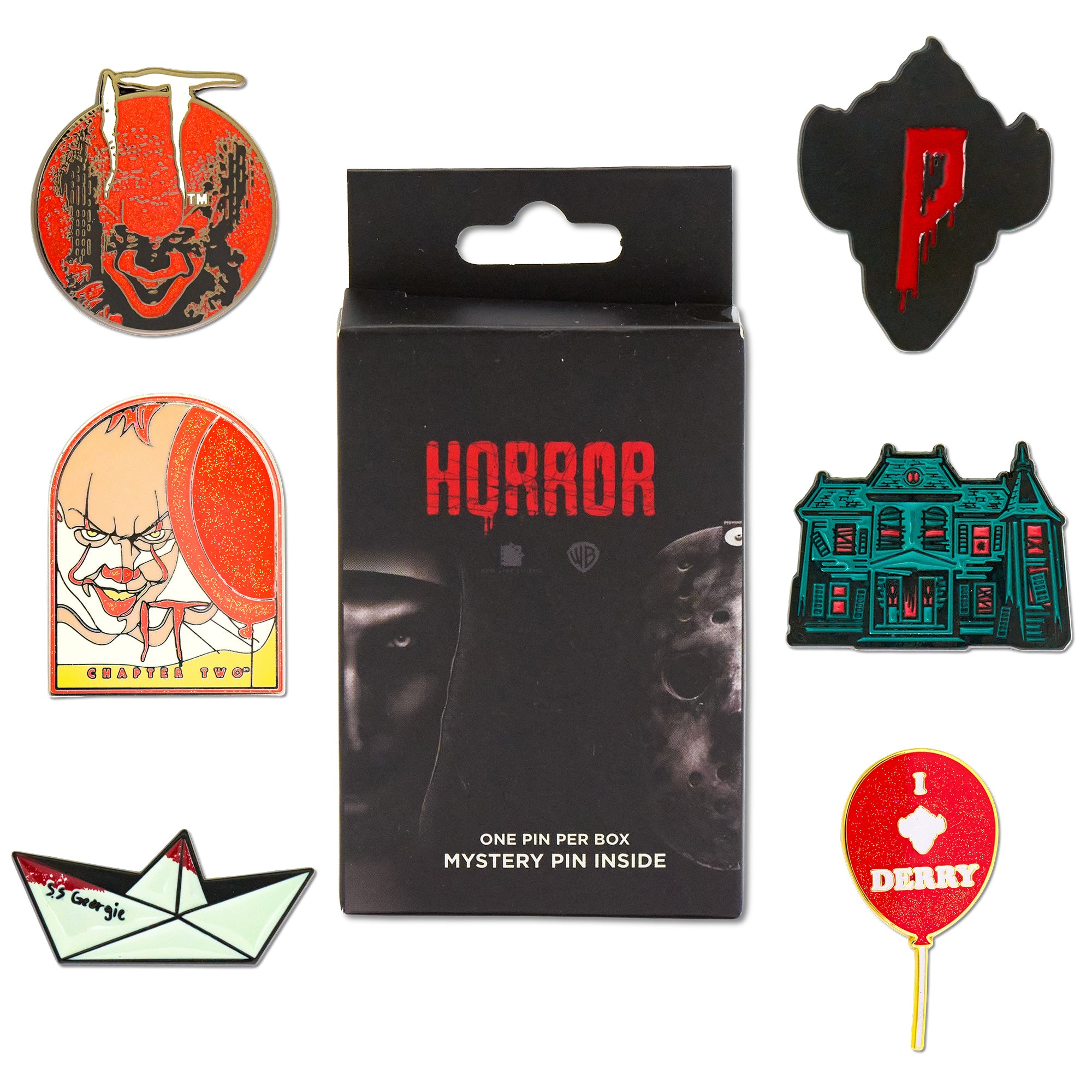 IT Chapter Two Mystery Enamel Pin Blind Box Series, Pennywise Face, Bloody P Silhouette, Pennywise with Balloon, Neibolt Street House, SS Georgie Paper Boat, or Derry Balloon