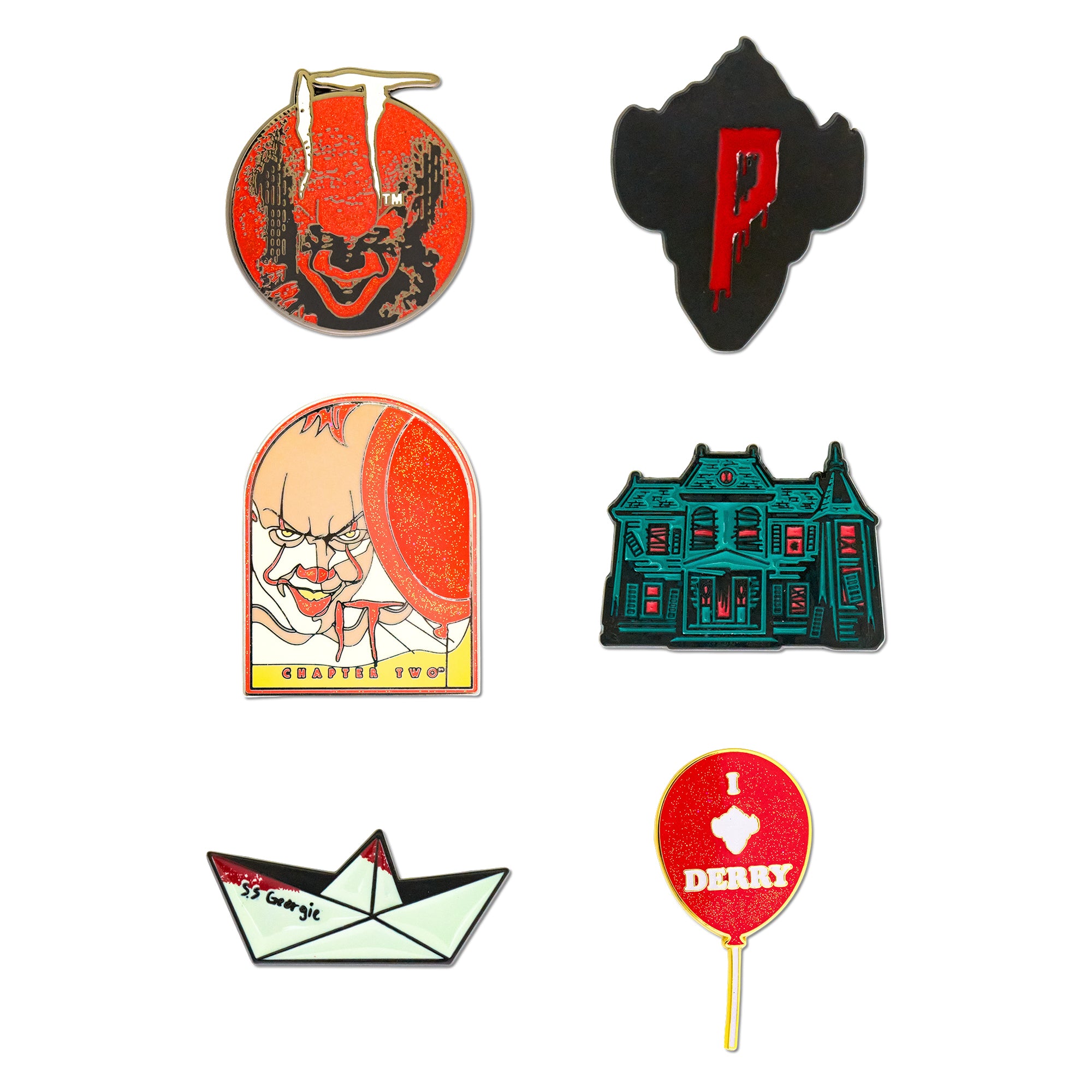 IT Chapter Two Mystery Enamel Pin Blind Box Series, Pennywise Face, Bloody P Silhouette, Pennywise with Balloon, Neibolt Street House, SS Georgie Paper Boat, or Derry Balloon
