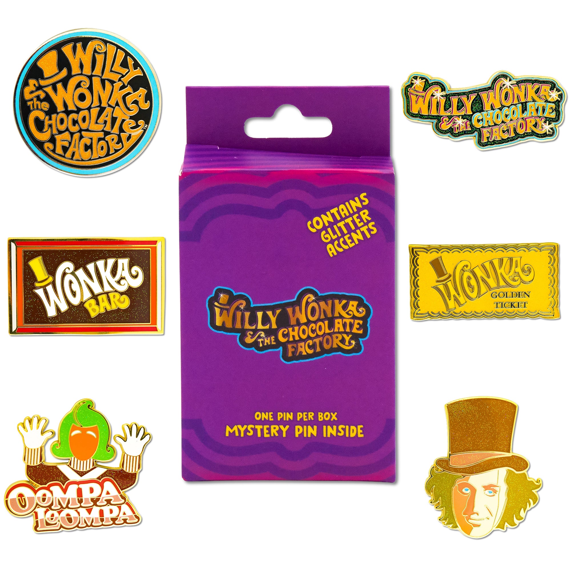 Willy Wonka and the Chocolate Factory Mystery Enamel Pin Blind Box Series, Wonka Bar, Golden Ticket, Oompa Loompa, Willy Wonka Face, Round Title Logo, or Colorful Title Logo