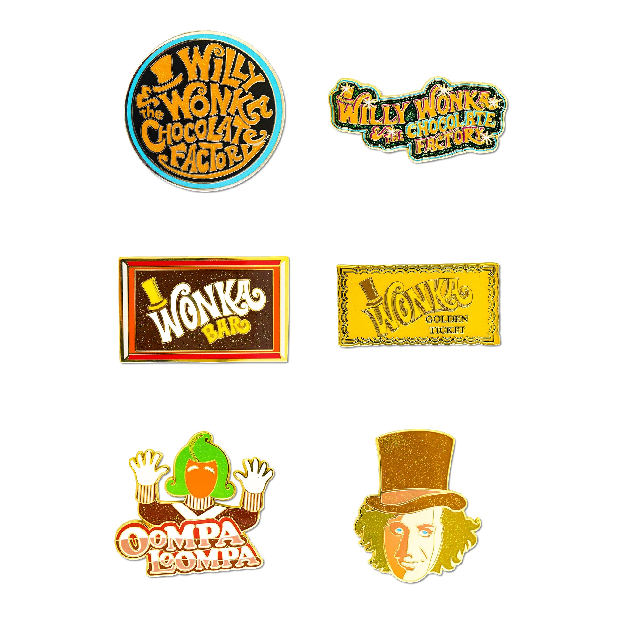Willy Wonka and the Chocolate Factory Mystery Enamel Pin Blind Box Series, Wonka Bar, Golden Ticket, Oompa Loompa, Willy Wonka Face, Round Title Logo, or Colorful Title Logo