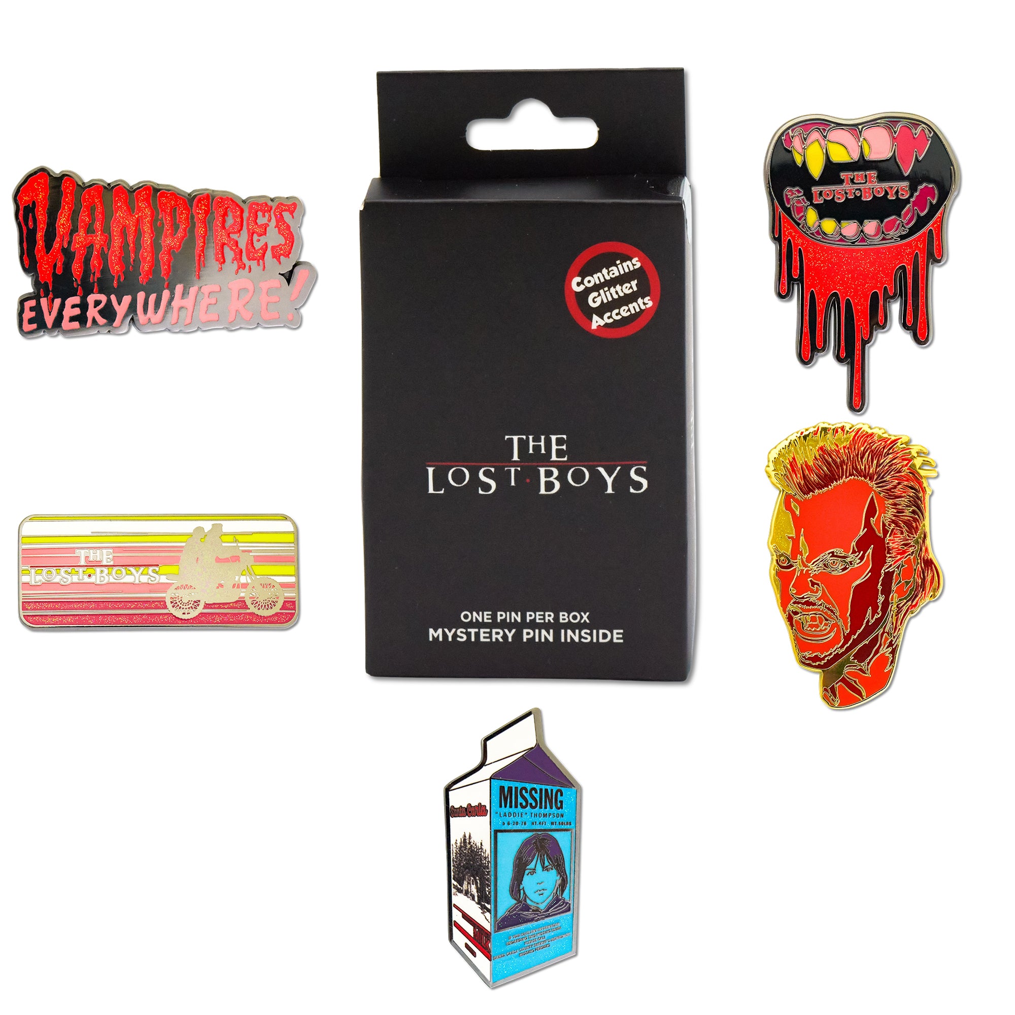 The Lost Boys Mystery Enamel Pin Blind Box Series, Vampires Everywhere, Teeth, Motorcycle Title Logo, Milk Carton, or David