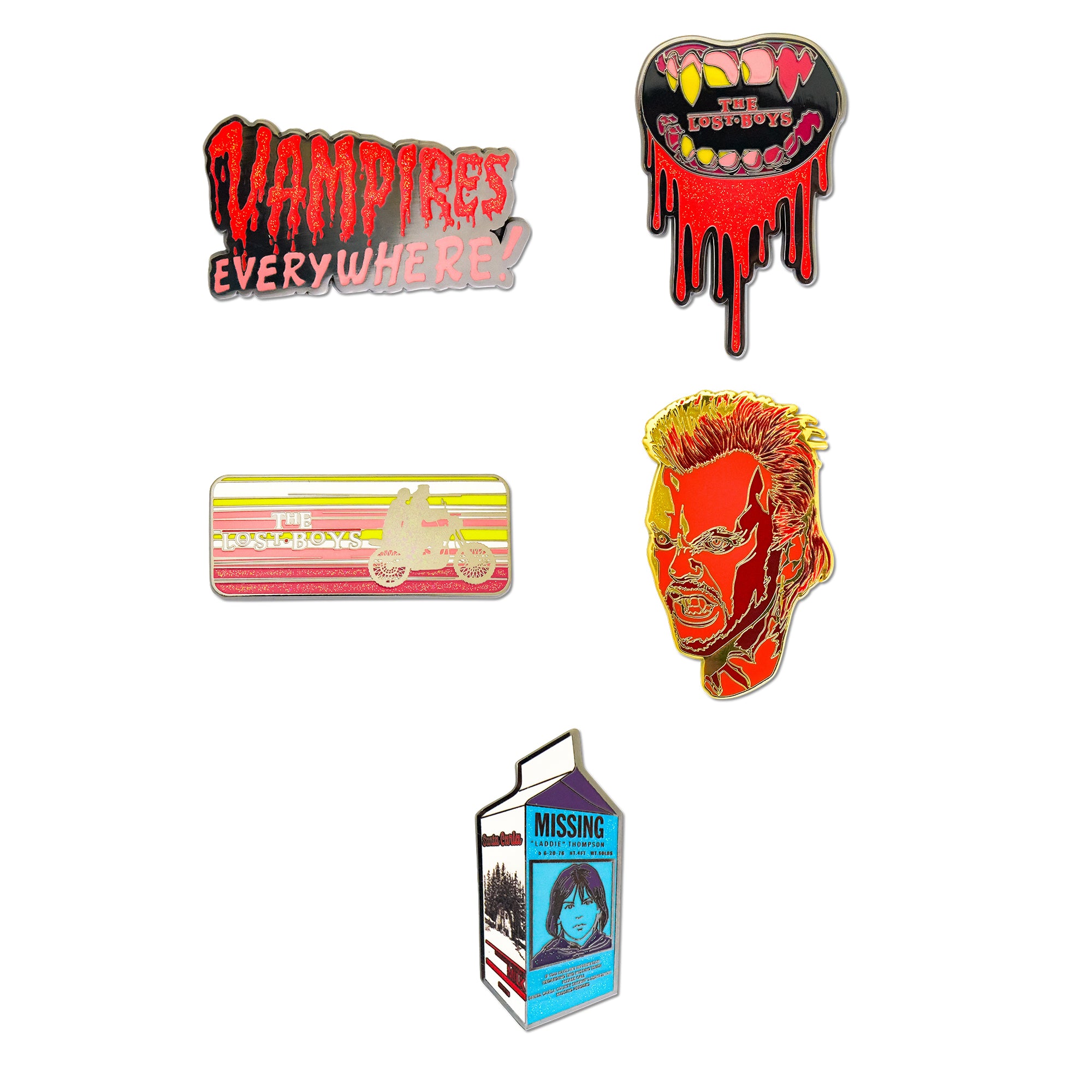 The Lost Boys Mystery Enamel Pin Blind Box Series, Vampires Everywhere, Teeth, Motorcycle Title Logo, Milk Carton, or David