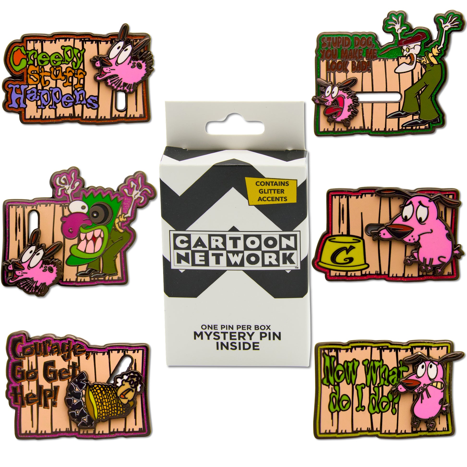 Courage the Cowardly Dog Interactive Mystery Enamel Pin Blind Box Series, Creepy Stuff Happens, Stupid Dog You Make Me Look Bad, Frankenstein, Dog Bowl, Go Get Help, or Now What Do I Do Blind Box Pins Courage the Cowardly Dog