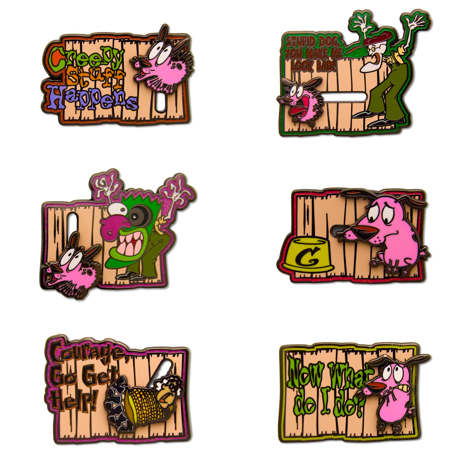 Courage the Cowardly Dog Interactive Mystery Enamel Pin Blind Box Series, Creepy Stuff Happens, Stupid Dog You Make Me Look Bad, Frankenstein, Dog Bowl, Go Get Help, or Now What Do I Do Blind Box Pins Courage the Cowardly Dog