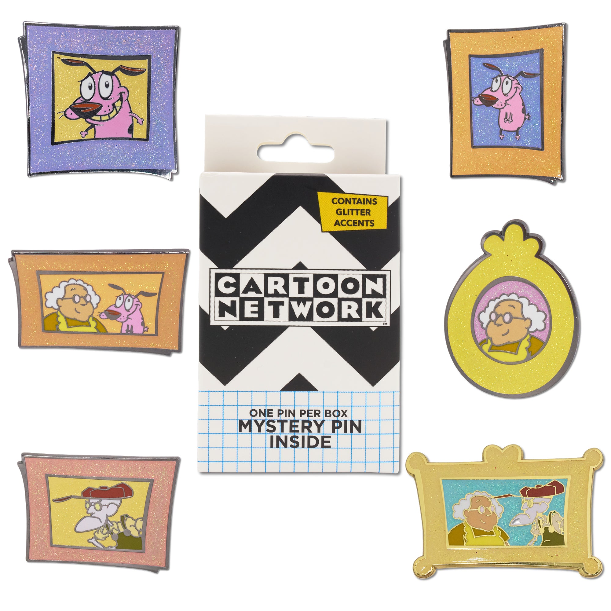 Courage the Cowardly Dog Mystery Enamel Pin Blind Box Portrait Series, Courage Worried, Eustace, Muriel, Muriel and Courage, Muriel and Eustace, or Courage Smiling