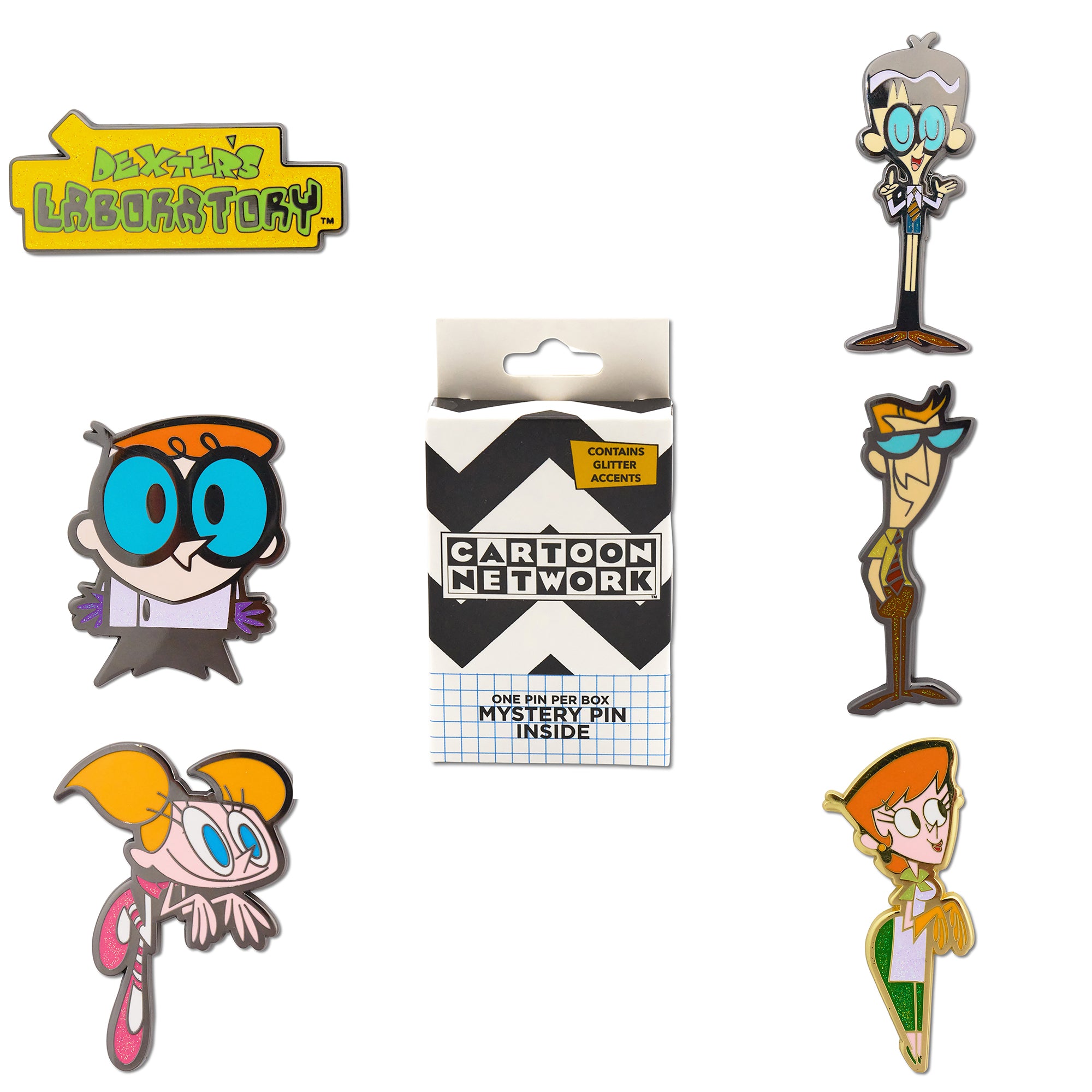 Dexter's Laboratory Mystery Enamel Pin Blind Box Series, Dexter, Dee Dee, Dad, Mom, Mandark, or Title Logo