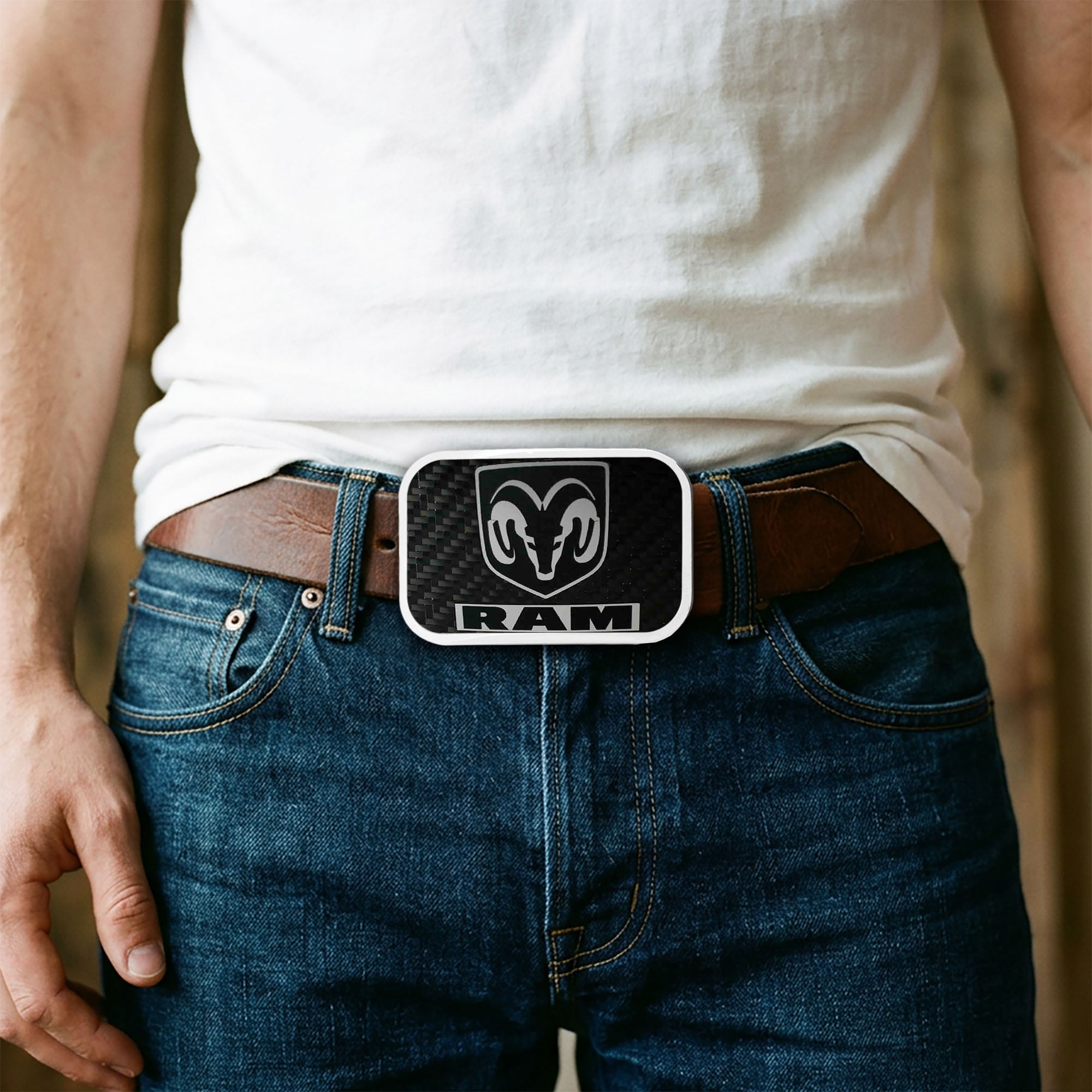 Ram Head Text Framed Marquetry Carbon Fiber Reverse Brushed Metal - Chrome Rock Star Buckle