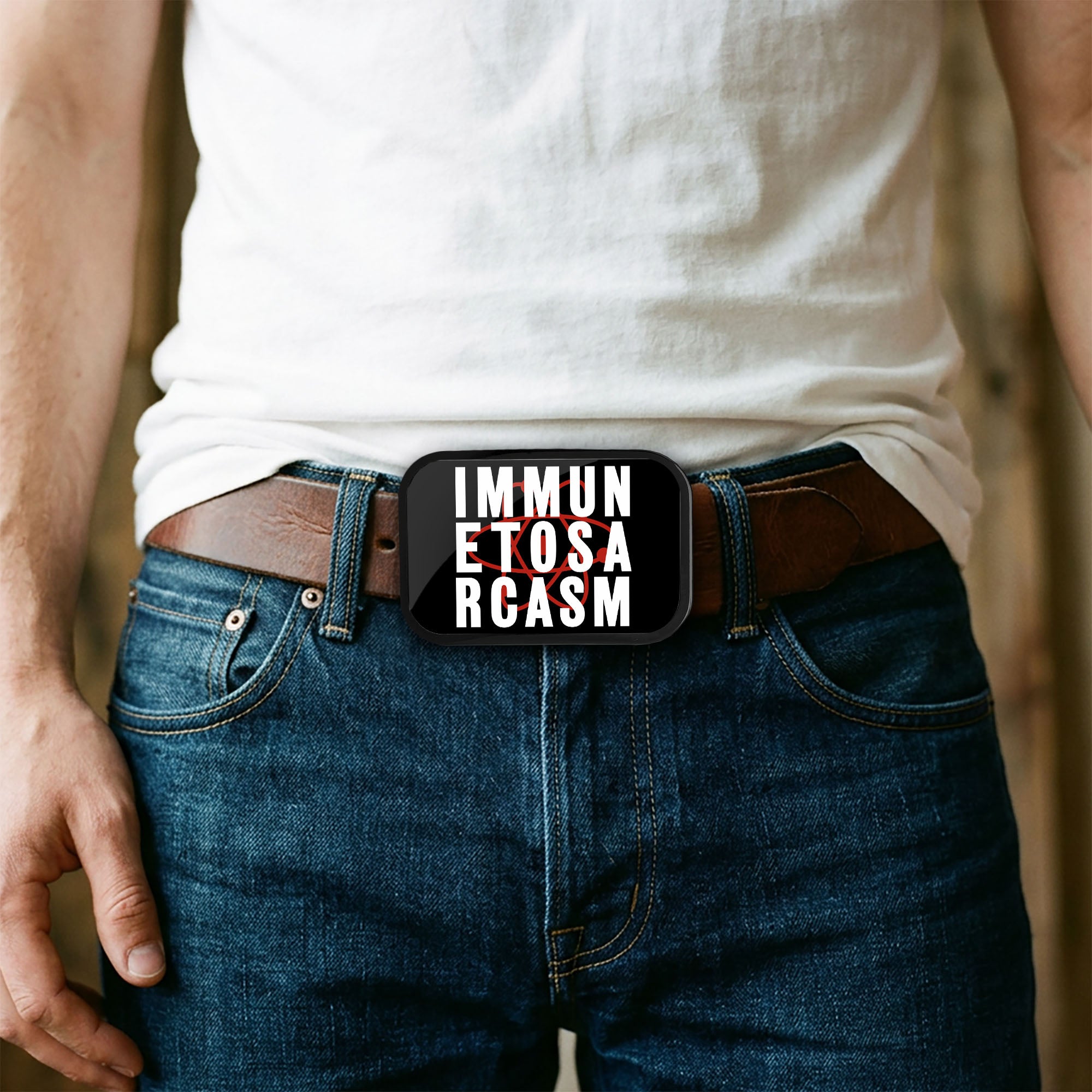 IMMUNE TO SARCASM Atom FCG Black Red White - Black Rock Star Buckle Belt Buckles The Big Bang Theory