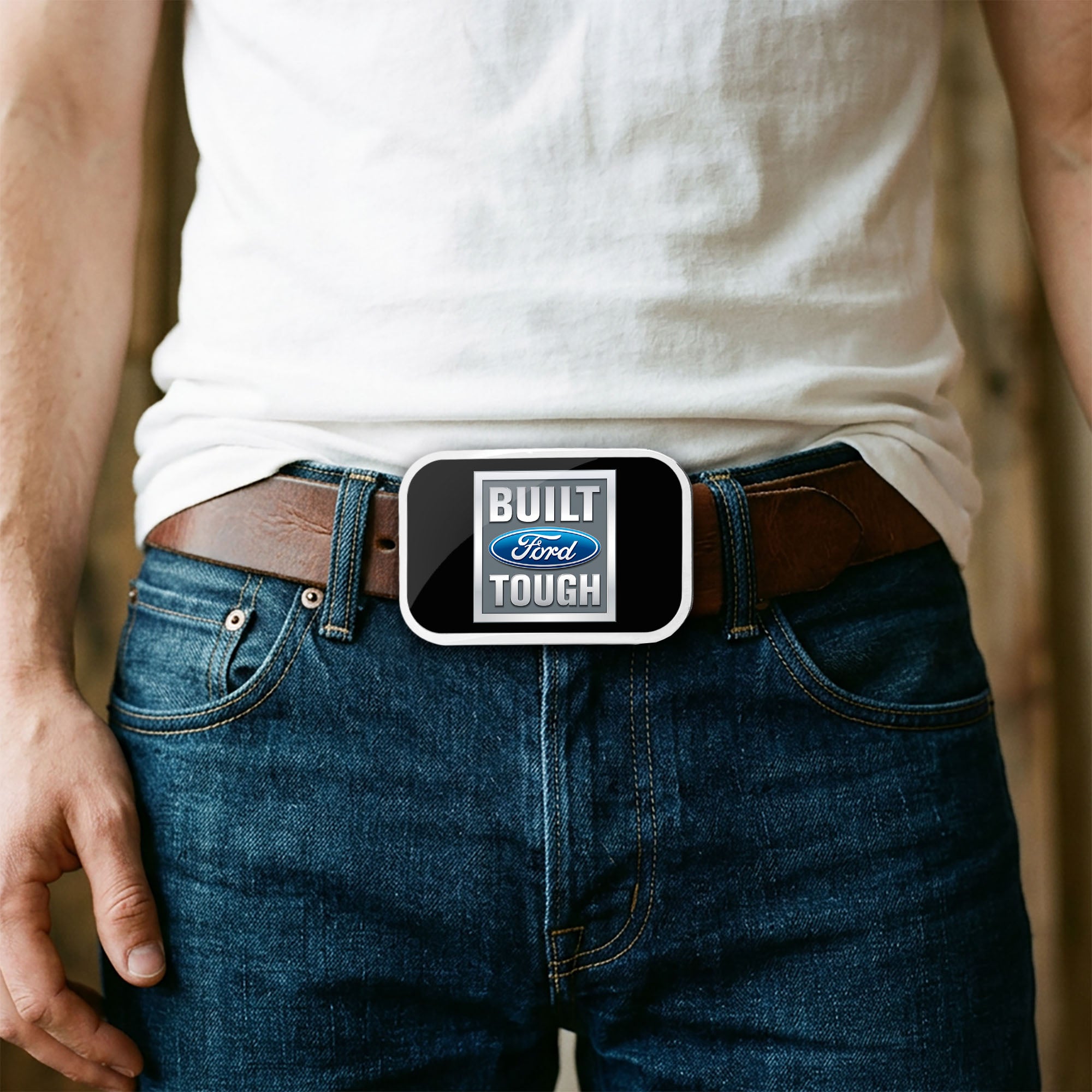Built Ford Tough FCG Black Gray Blue - Chrome Rock Star Buckle Belt Buckles Ford