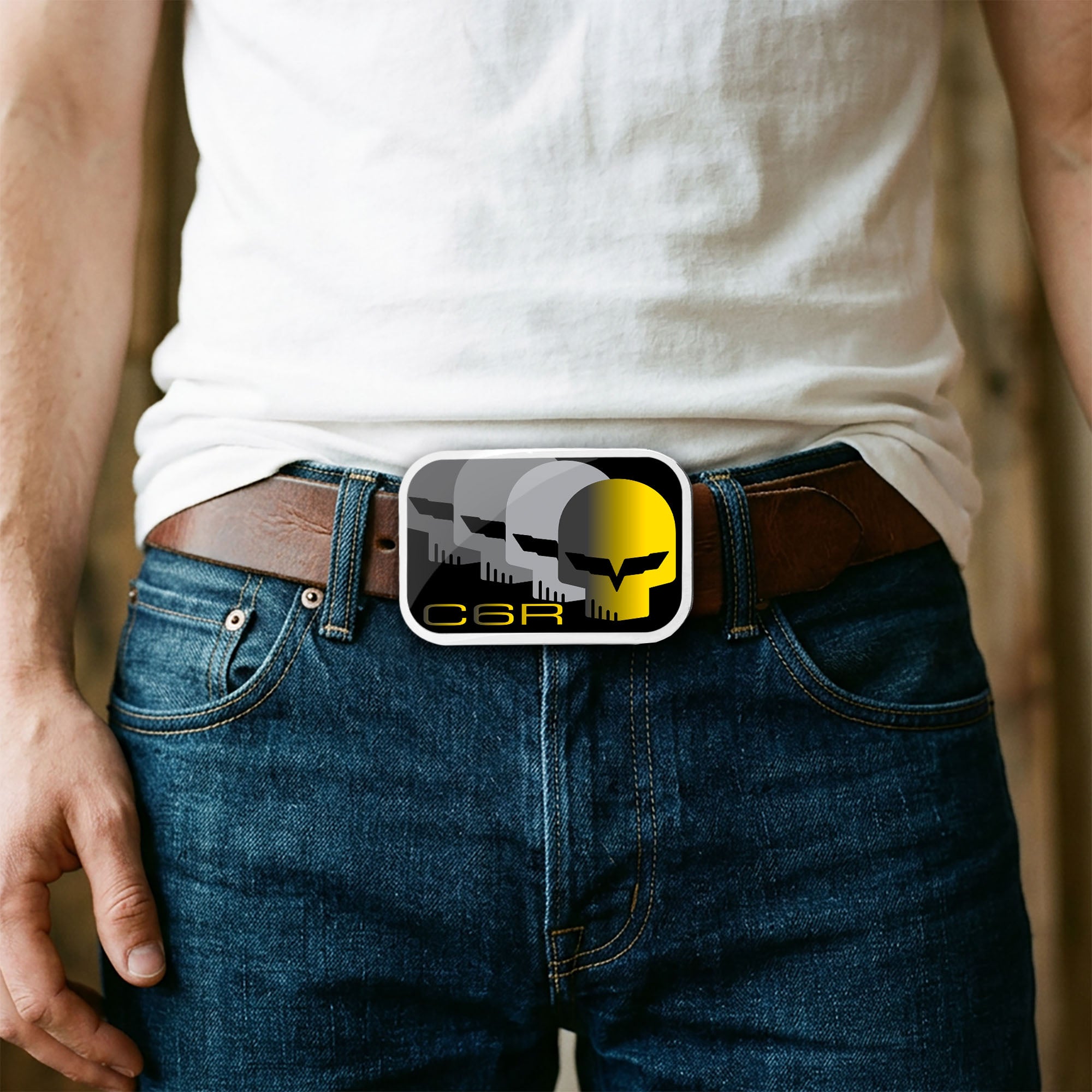 C6 Racing w/Skull Repeat FCG Black/Yellow/Silver - Chrome Rock Star Buckle Belt Buckles GM General Motors