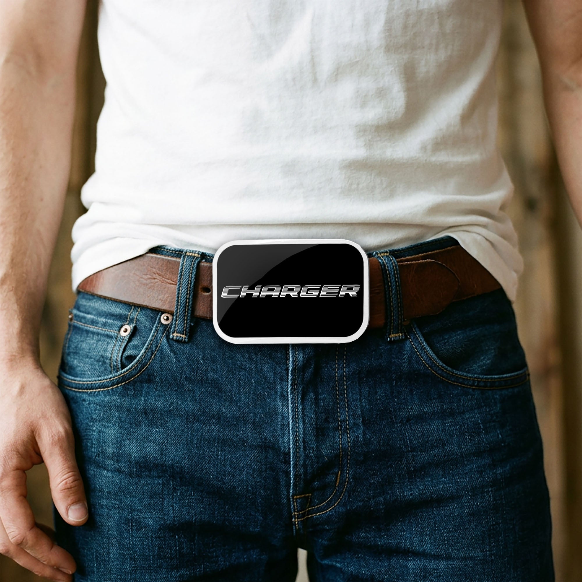 CHARGER Text Framed FCG Black/Silver-Fade - Chrome Rock Star Buckle Belt Buckles Dodge