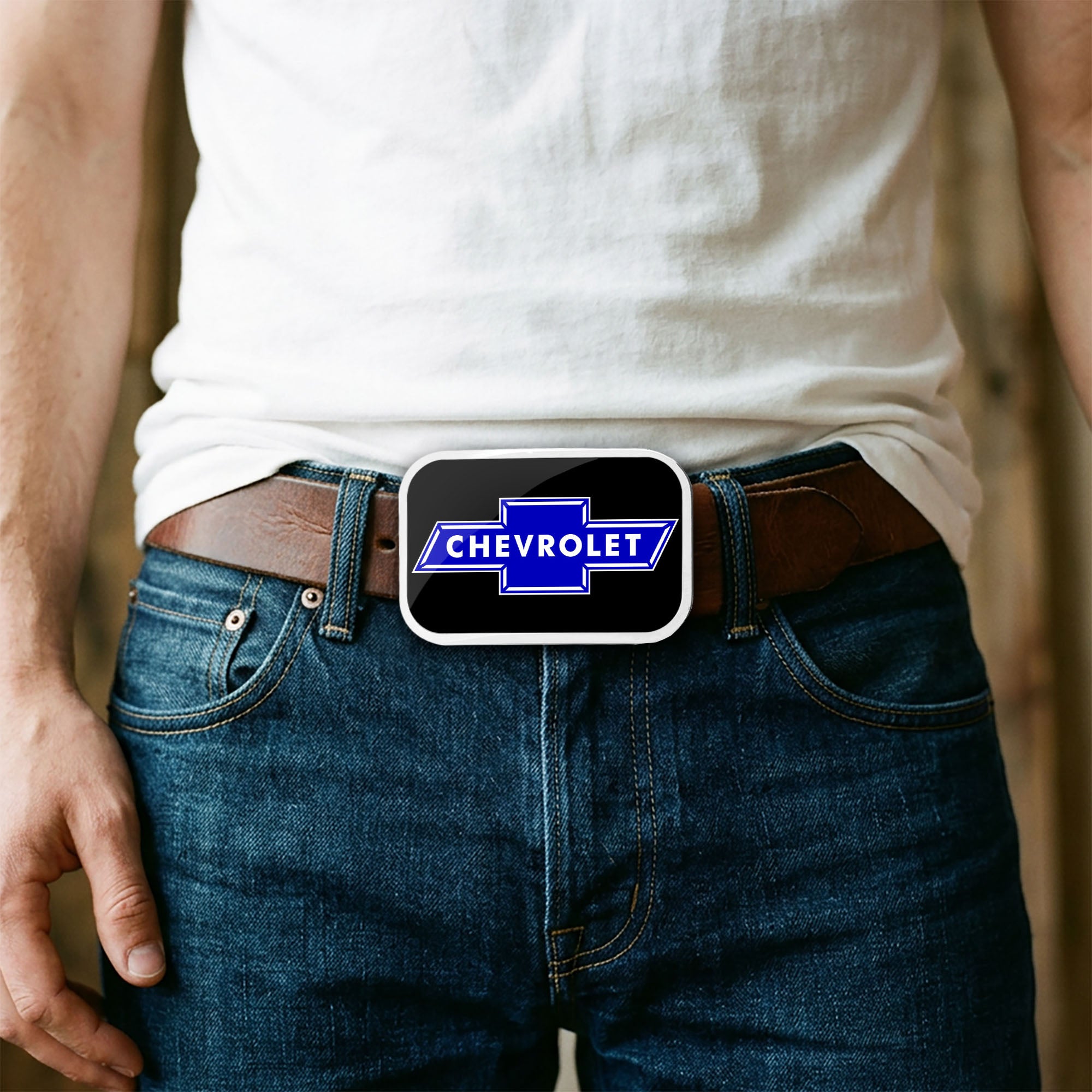 Chevy Bowtie Framed FCG Black/Blue - Chrome Rock Star Buckle Belt Buckles GM General Motors