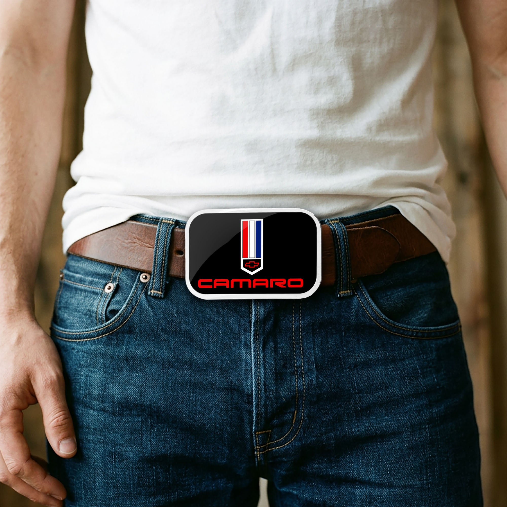 Camaro Badge Framed FCG Black/Red/White/Blue - Chrome Rock Star Buckle Belt Buckles GM General Motors