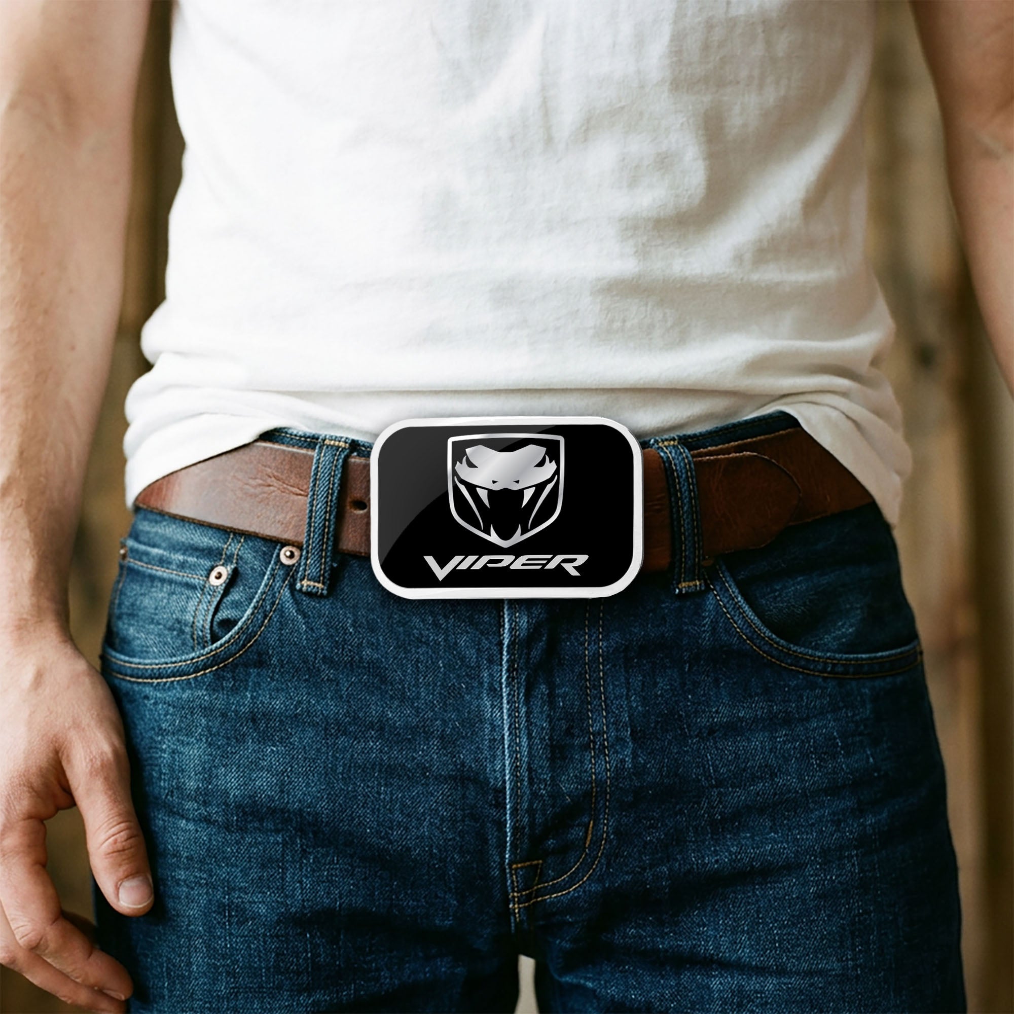 Dodge Viper Framed FCG Black Silver - Chrome Rock Star Buckle Belt Buckles Dodge
