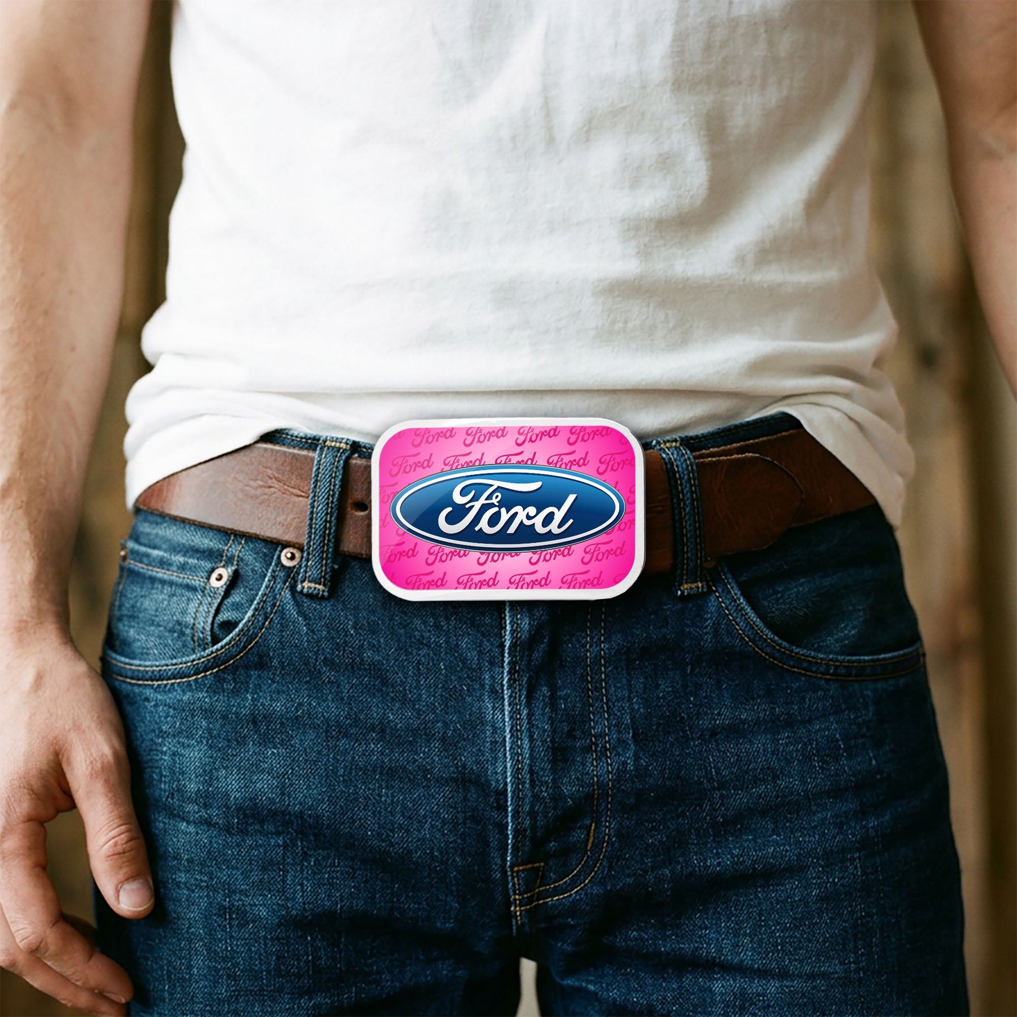 Ford Oval w/Text Framed FCG Pink - Chrome Rock Star Buckle Belt Buckles Ford