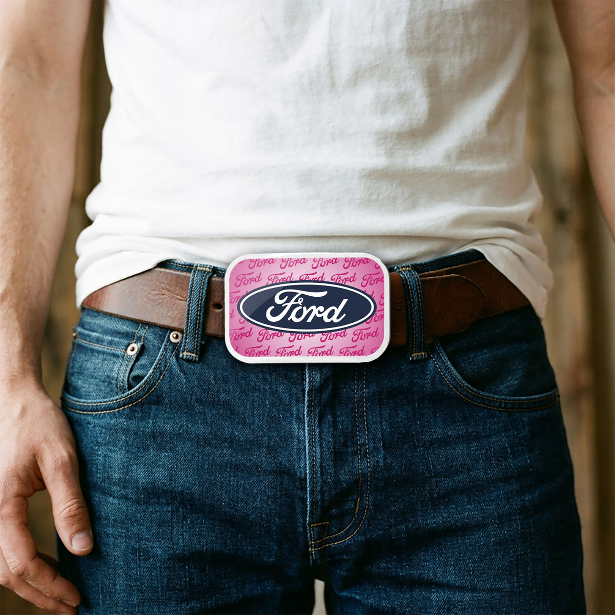 Ford Oval w/Text Framed FCG Pink - Chrome Rock Star Buckle